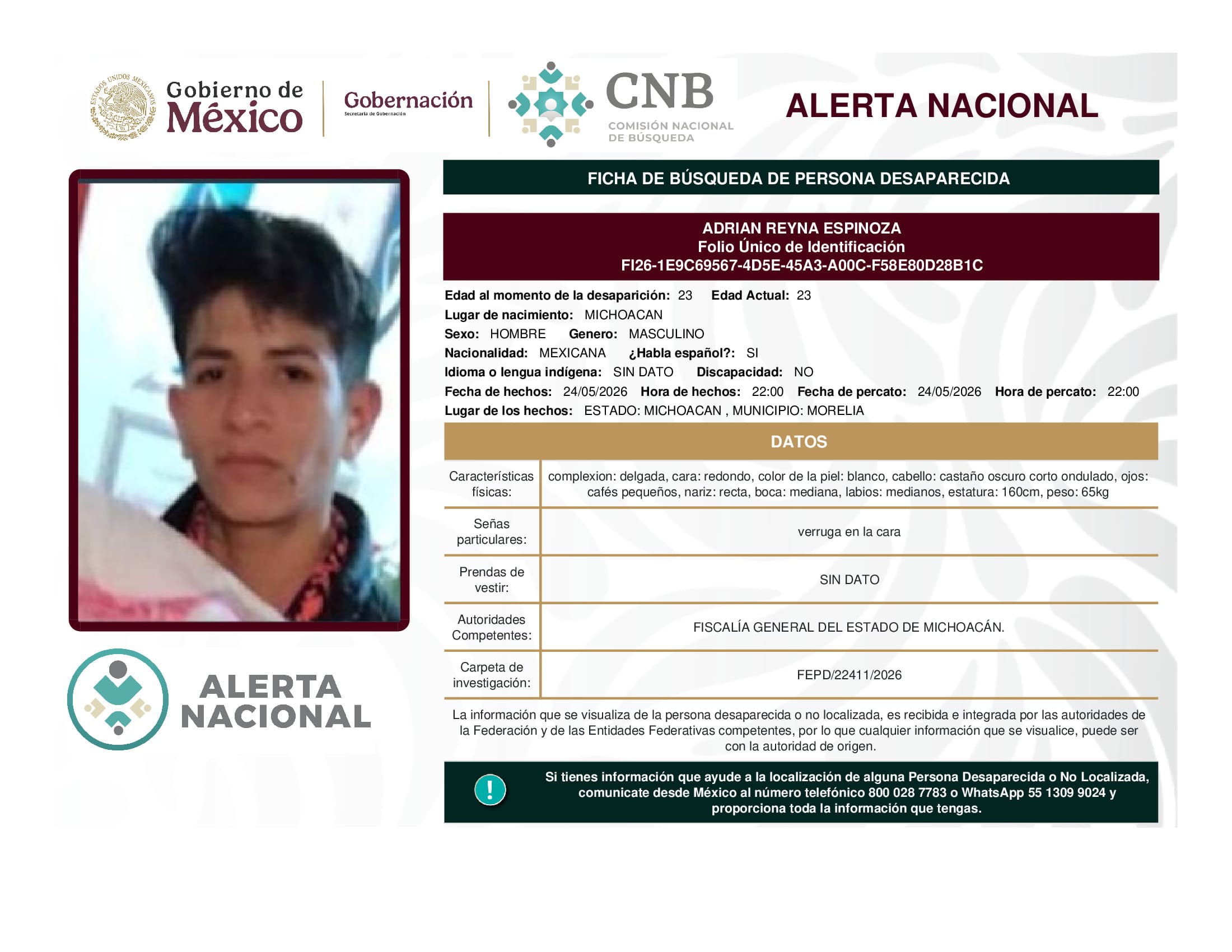 Persona desaparecida Adrian Reyna Espinoza