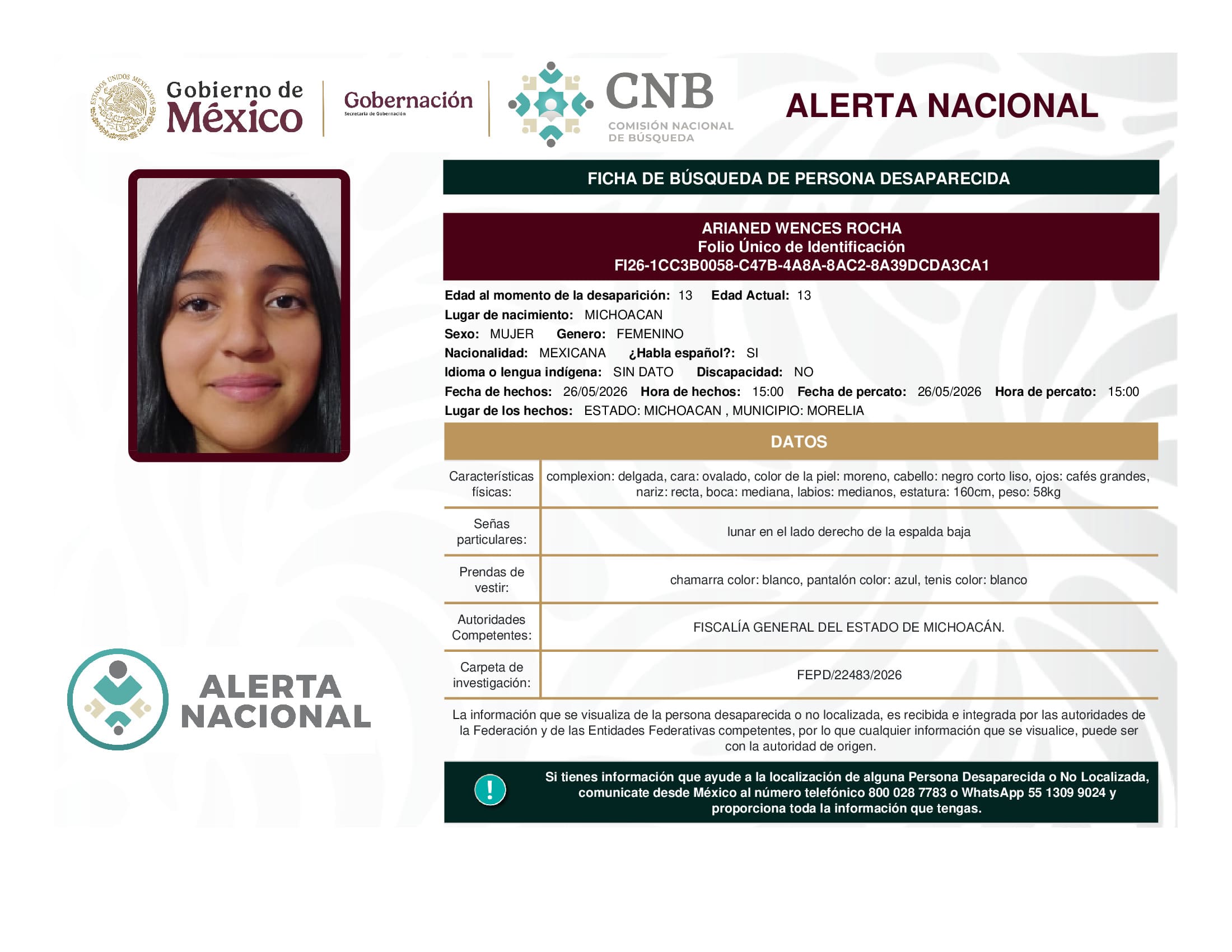 Persona desaparecida Arianed Wences Rocha
