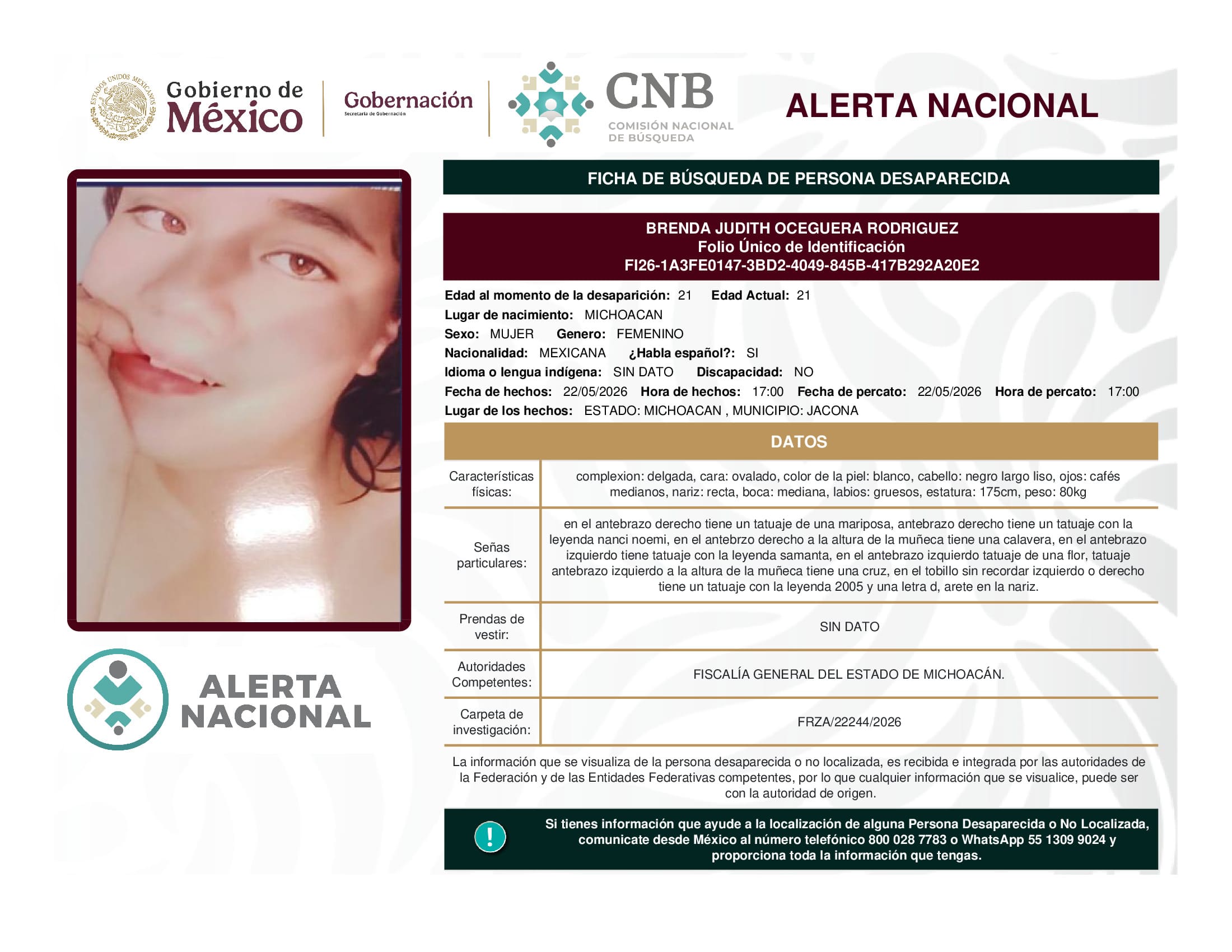 Persona desaparecida Brenda Judith Oceguera Rodriguez