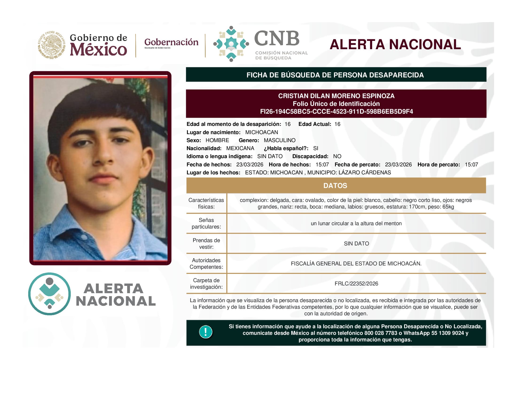 Persona desaparecida Cristian Dilan Moreno Espinoza
