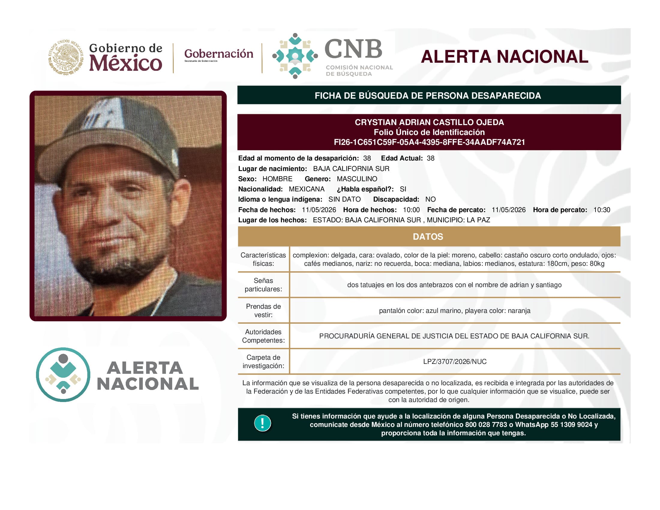 Persona desaparecida Crystian Adrian Castillo Ojeda