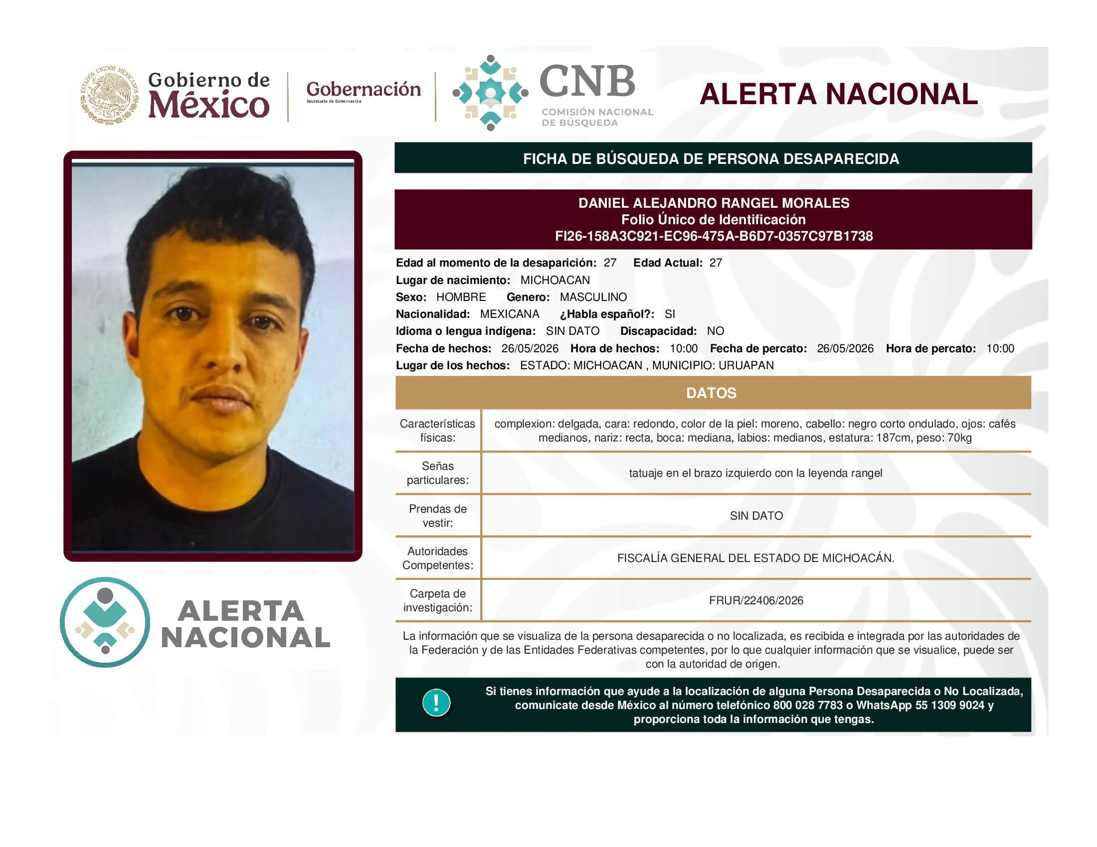 Persona desaparecida Daniel Alejandro Rangel Morales