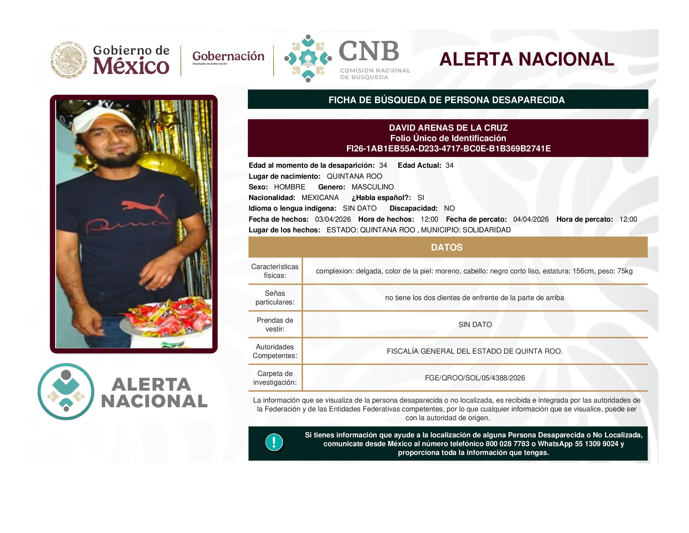Persona desaparecida David Arenas De La Cruz