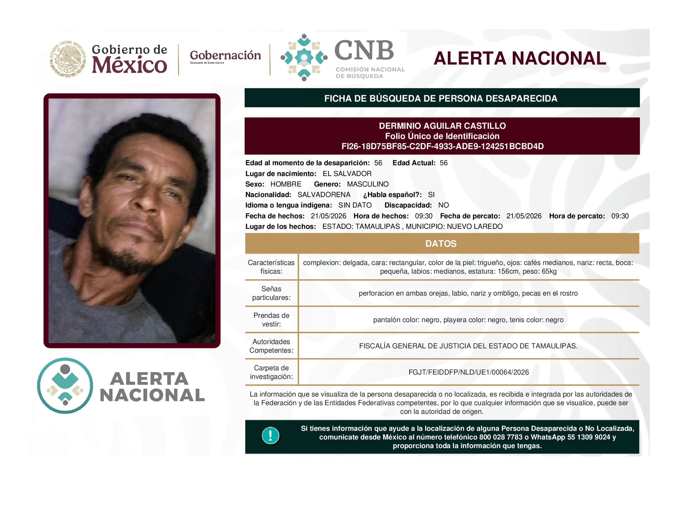 Persona desaparecida Derminio Aguilar Castillo