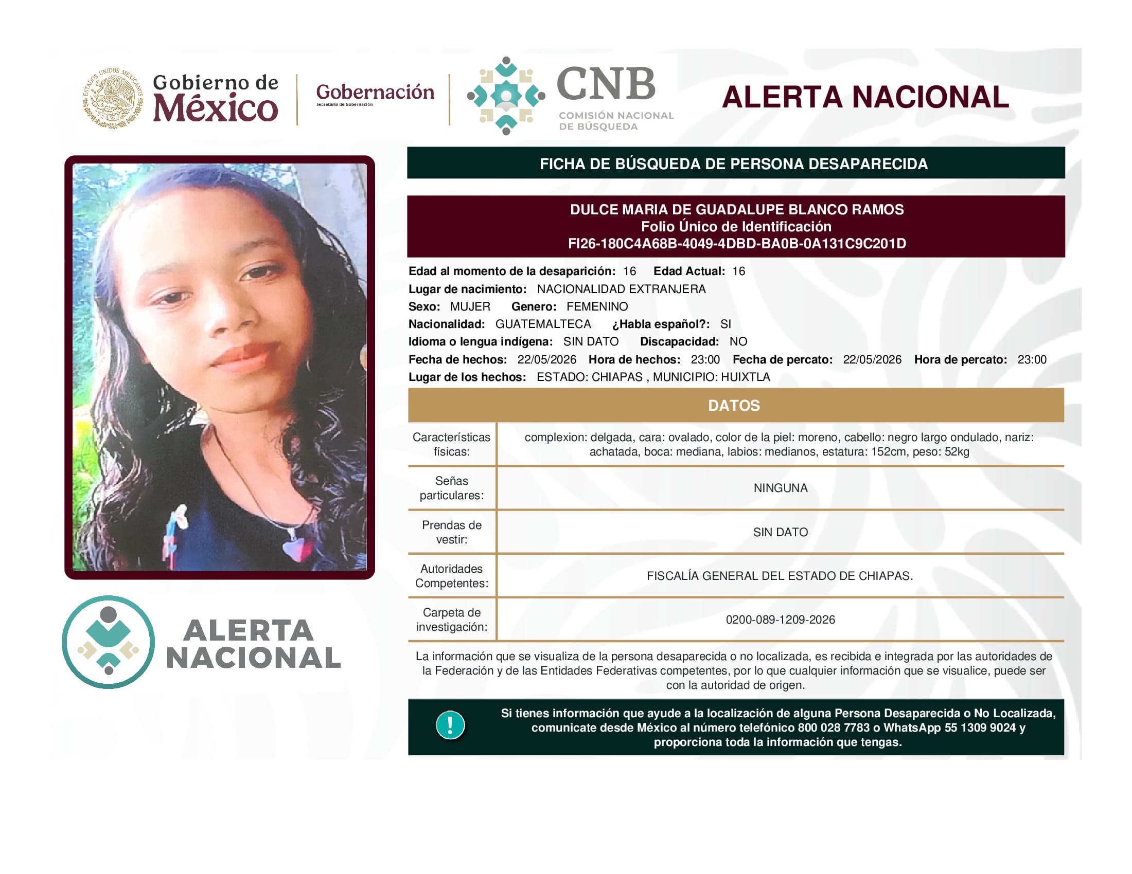 Persona desaparecida Dulce Maria De Guadalupe Blanco Ramos
