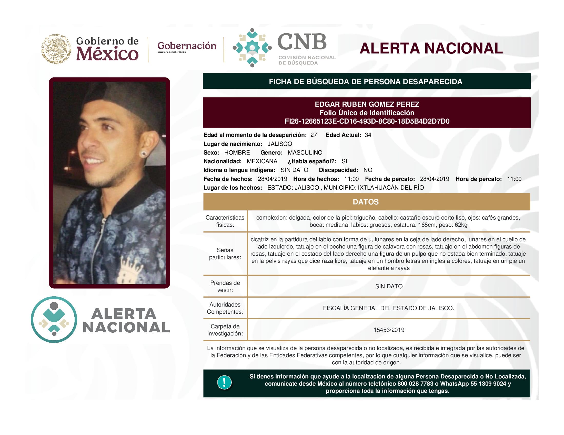 Persona desaparecida Edgar Ruben Gomez Perez
