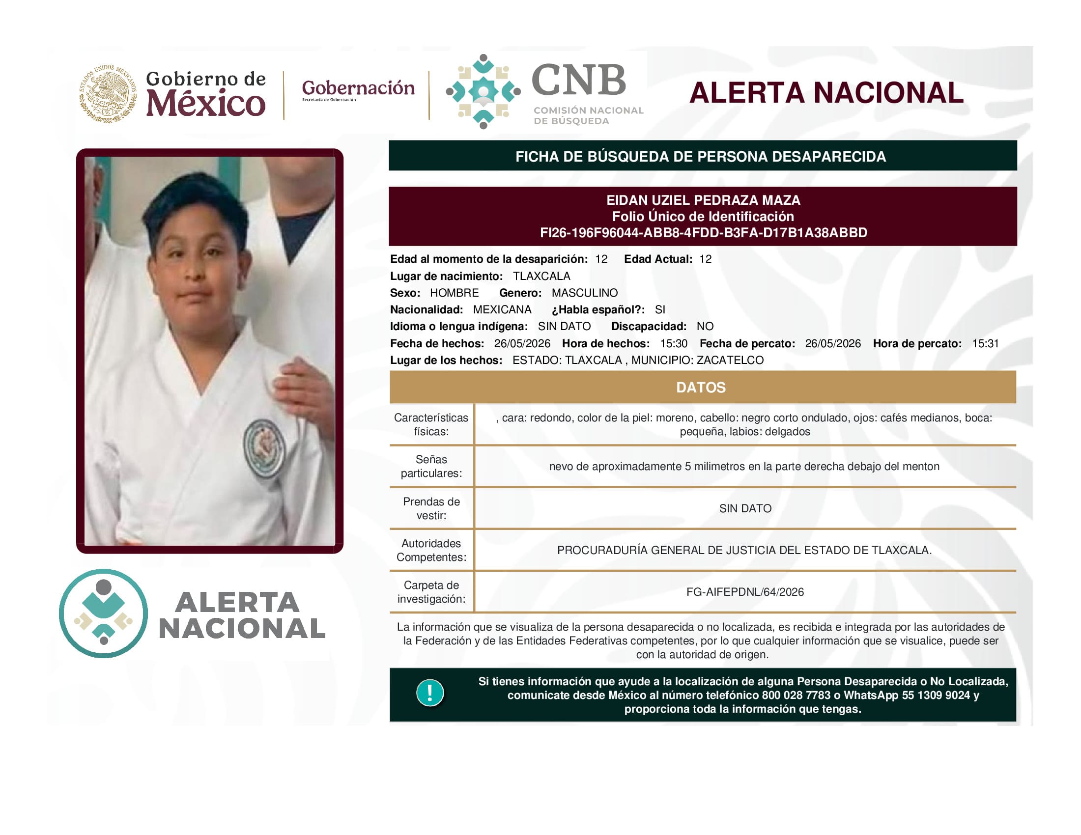 Persona desaparecida Eidan Uziel Pedraza Maza