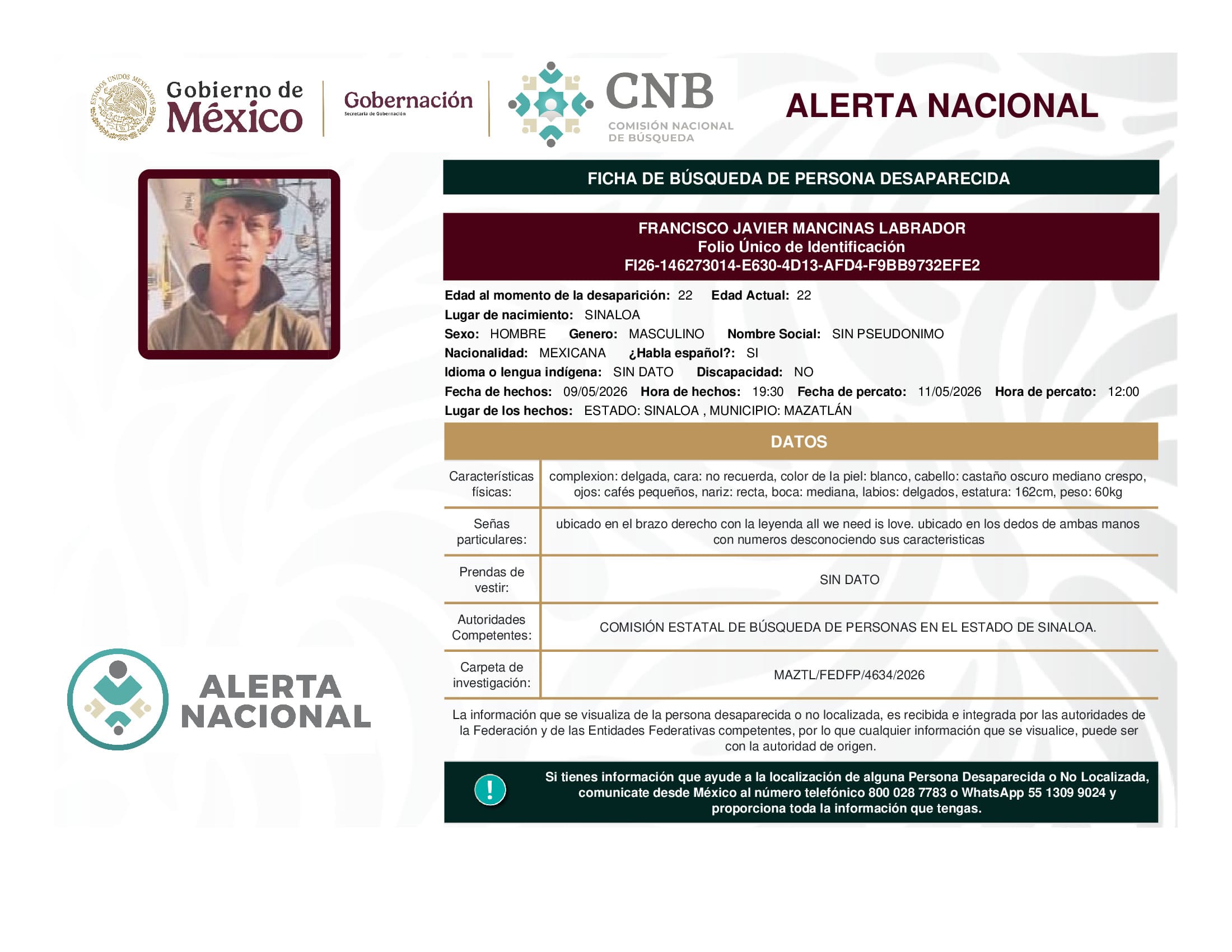 Persona desaparecida Francisco Javier Mancinas Labrador
