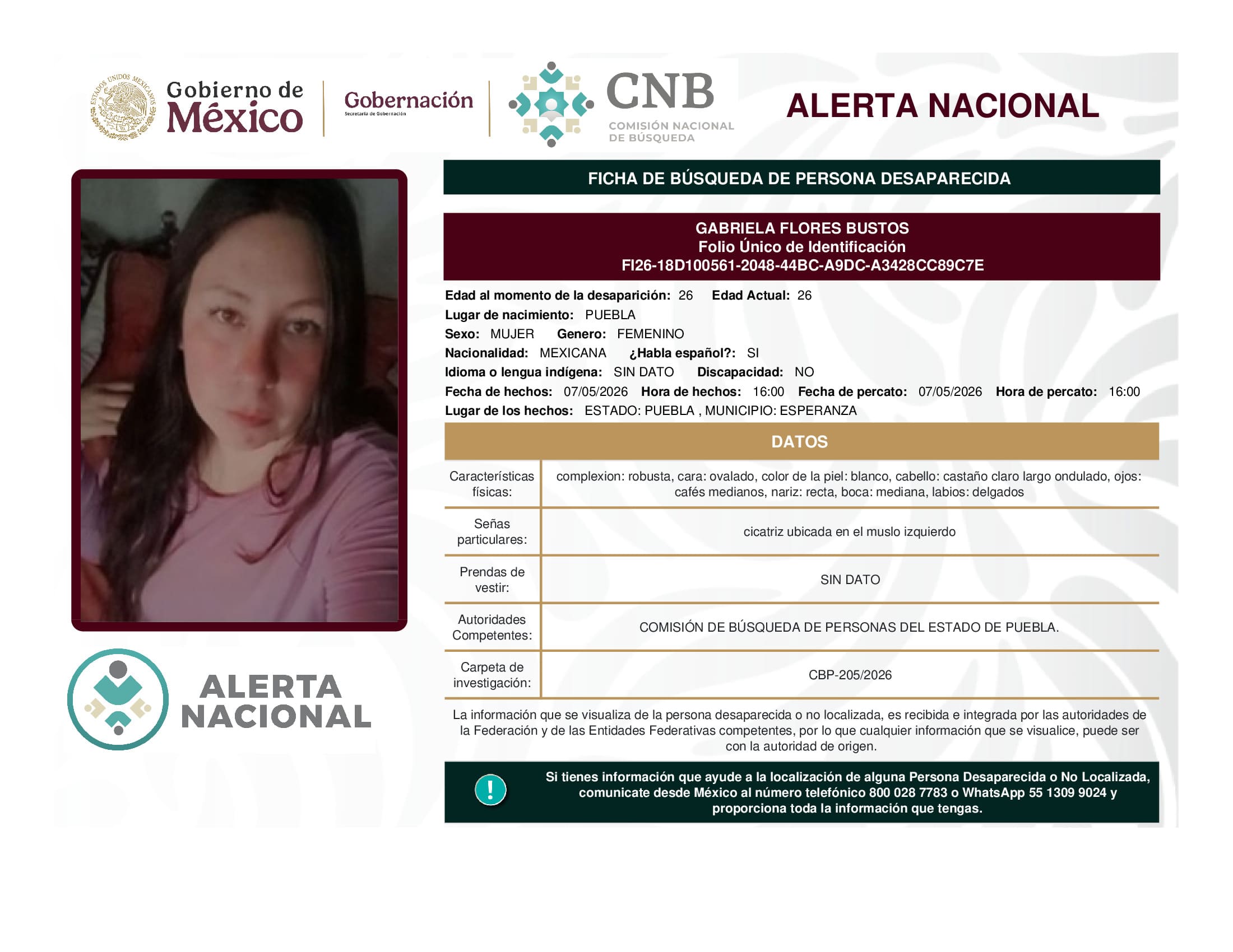 Persona desaparecida Gabriela Flores Bustos