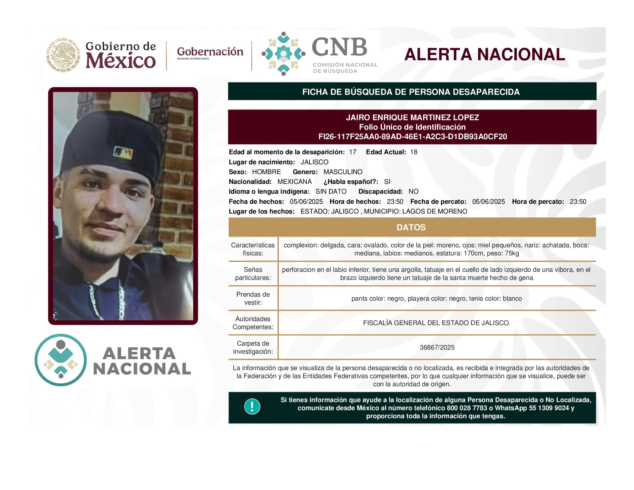 Persona desaparecida Jairo Enrique Martinez Lopez
