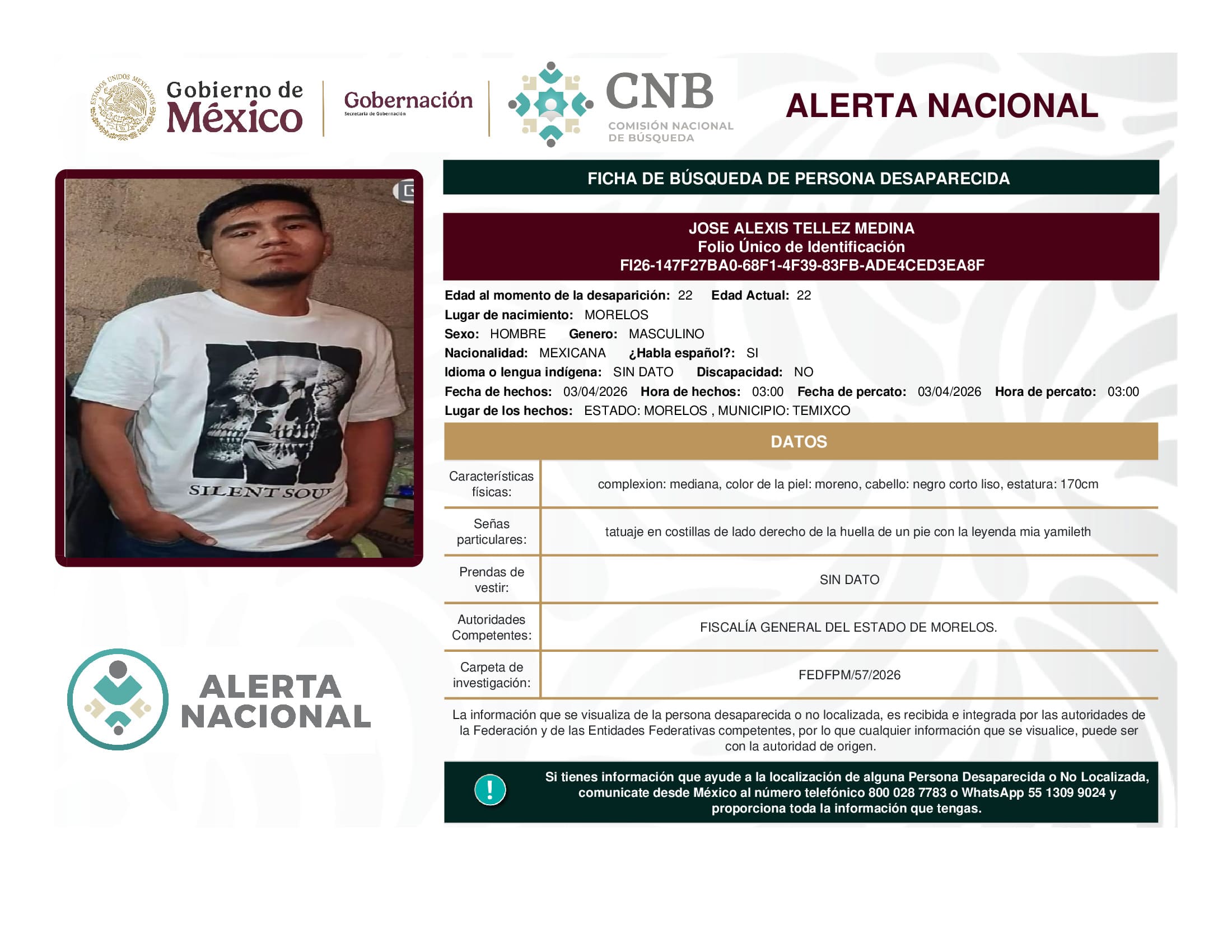 Persona desaparecida Jose Alexis Tellez Medina