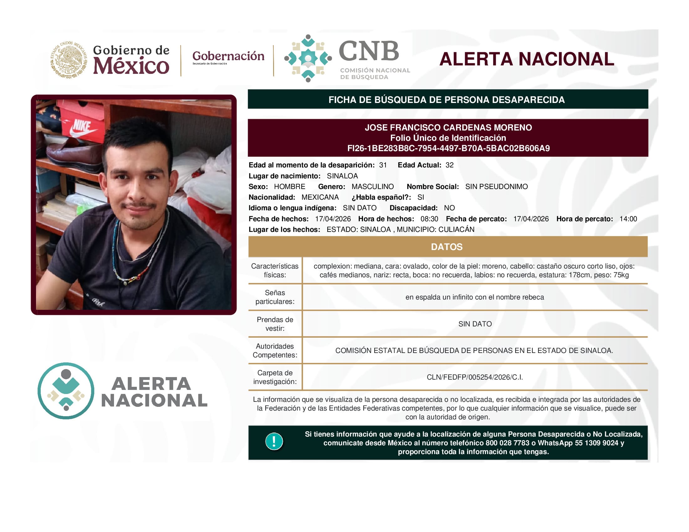 Persona desaparecida Jose Francisco Cardenas Moreno
