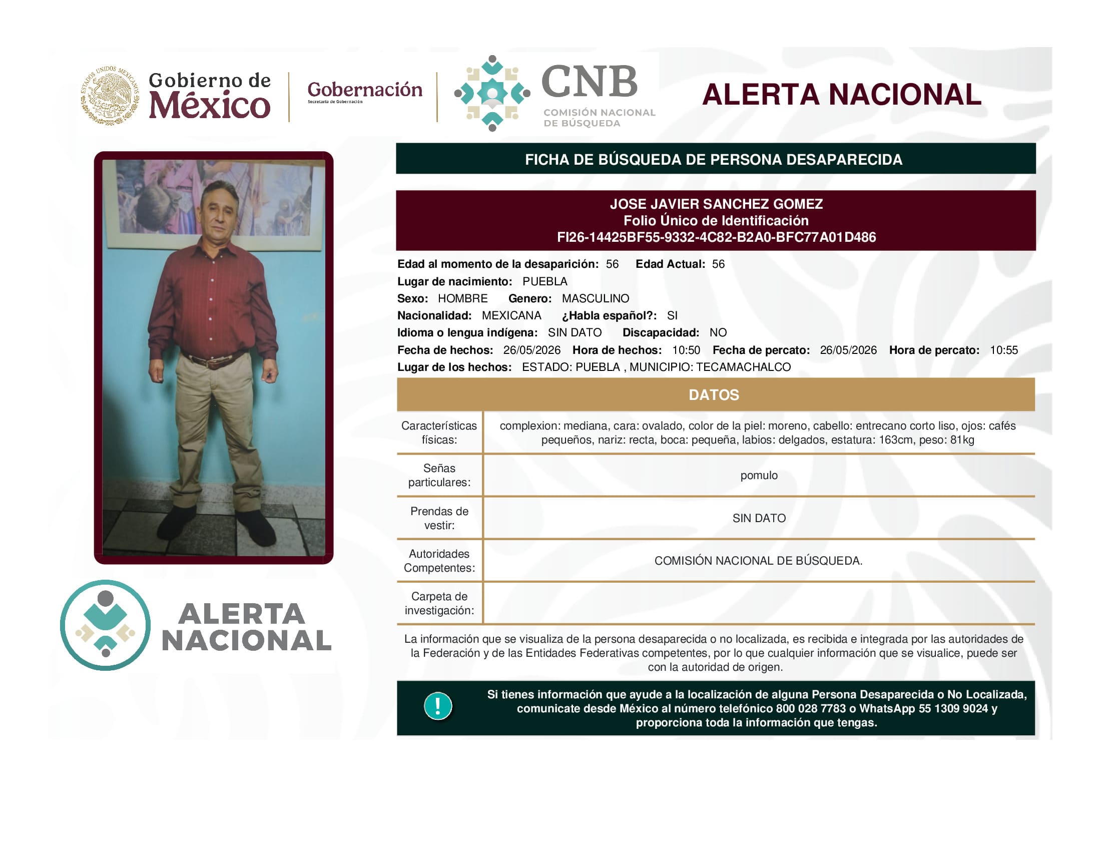 Persona desaparecida Jose Javier Sanchez Gomez