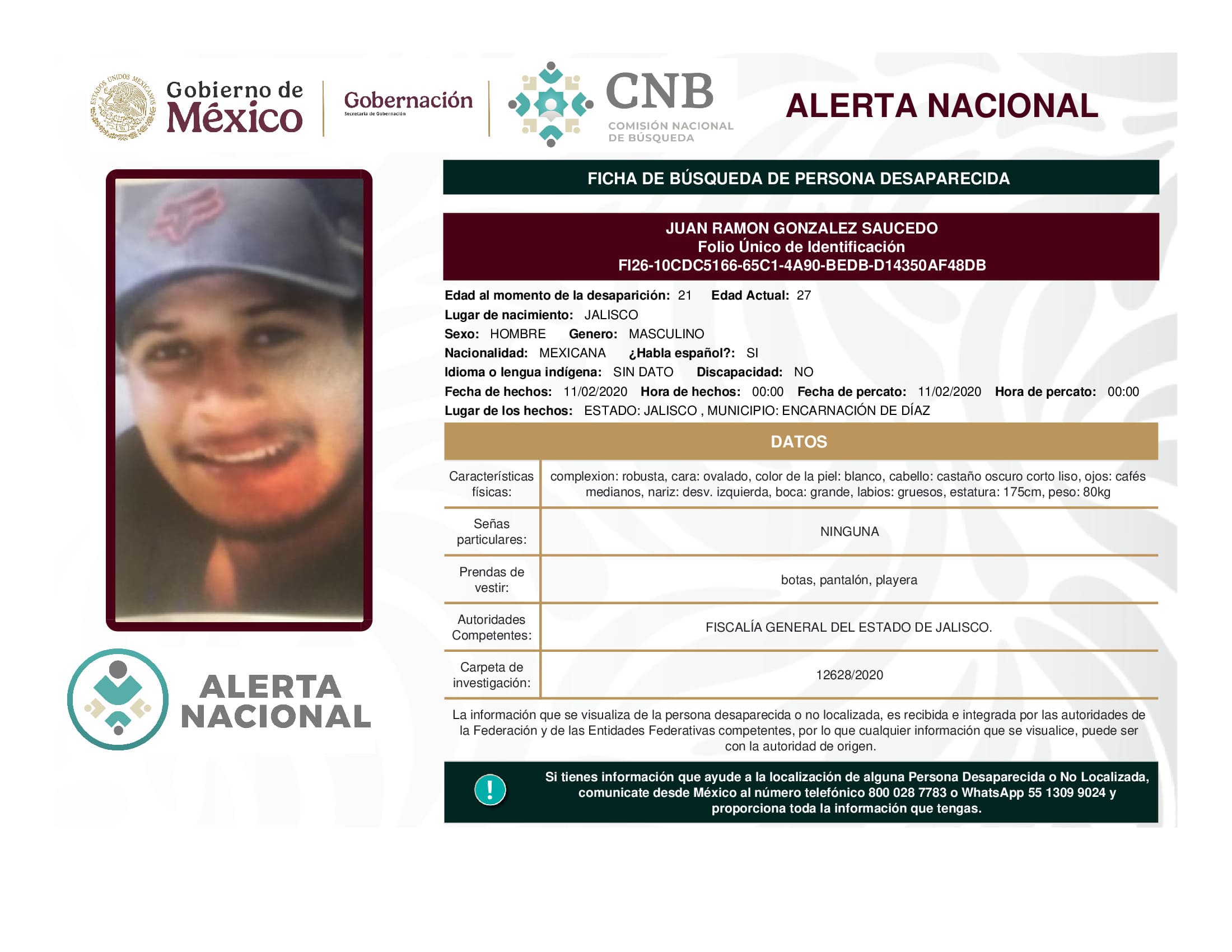 Persona desaparecida Juan Ramon Gonzalez Saucedo