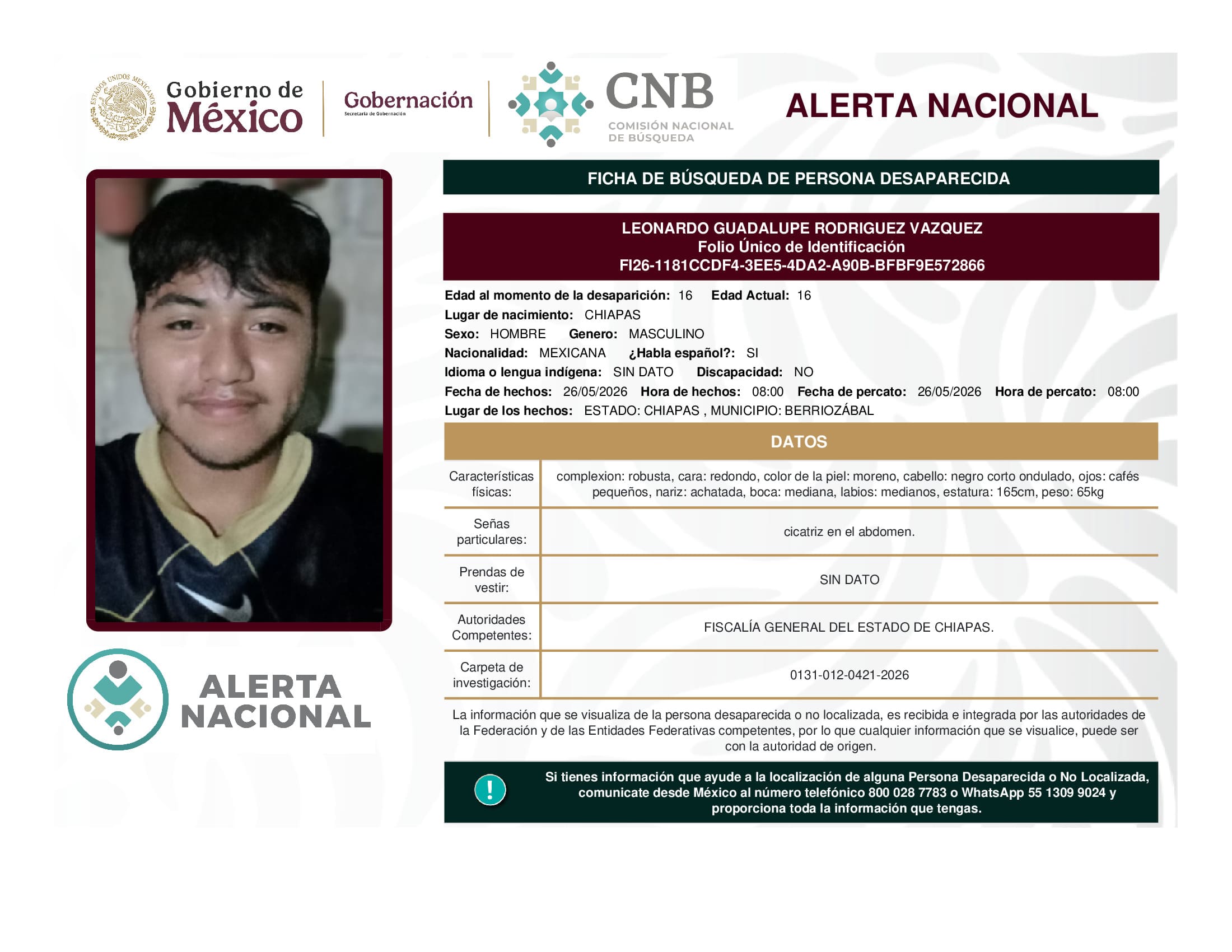 Persona desaparecida Leonardo Guadalupe Rodriguez Vazquez