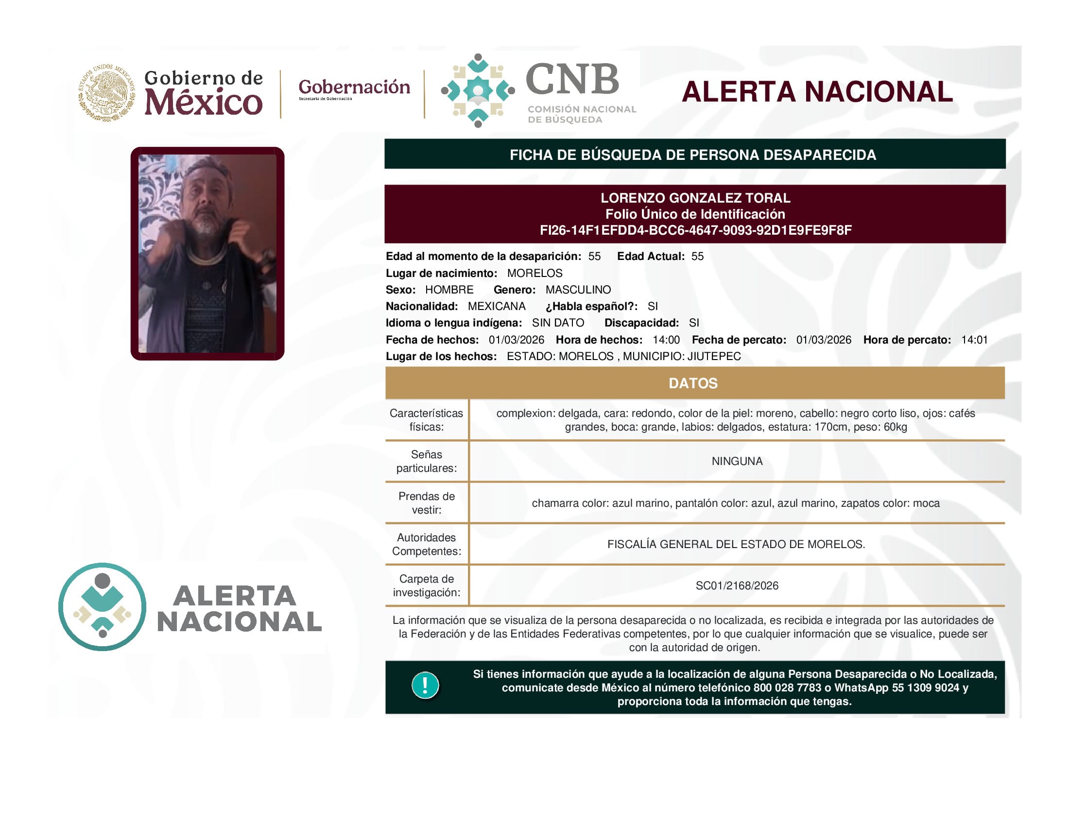 Persona desaparecida Lorenzo Gonzalez Toral