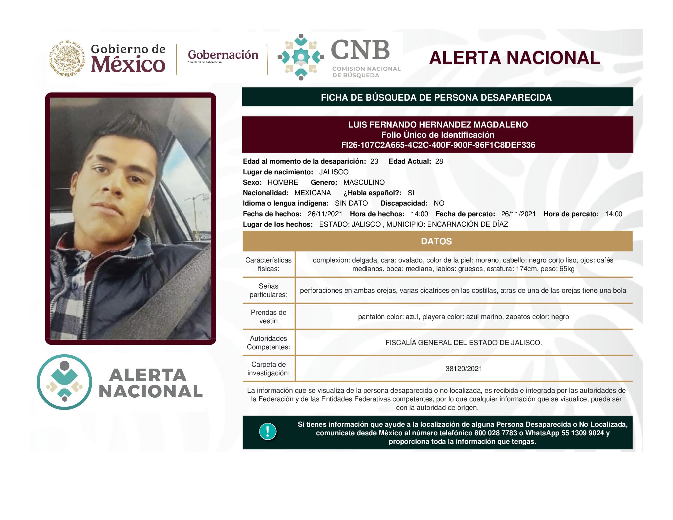 Persona desaparecida Luis Fernando Hernandez Magdaleno