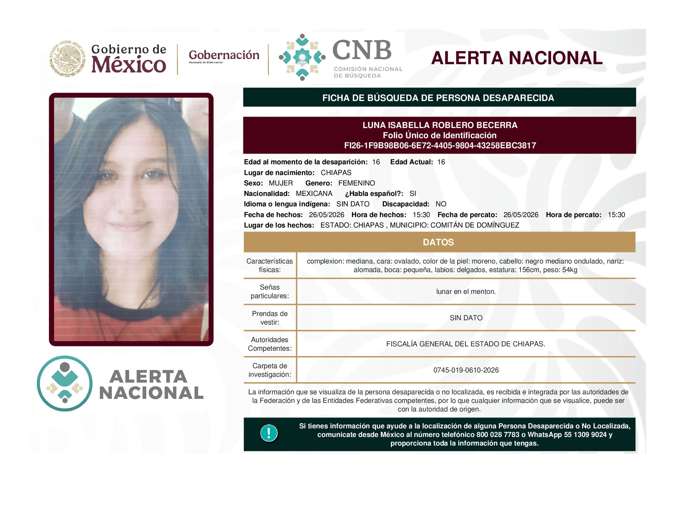 Persona desaparecida Luna Isabella Roblero Becerra