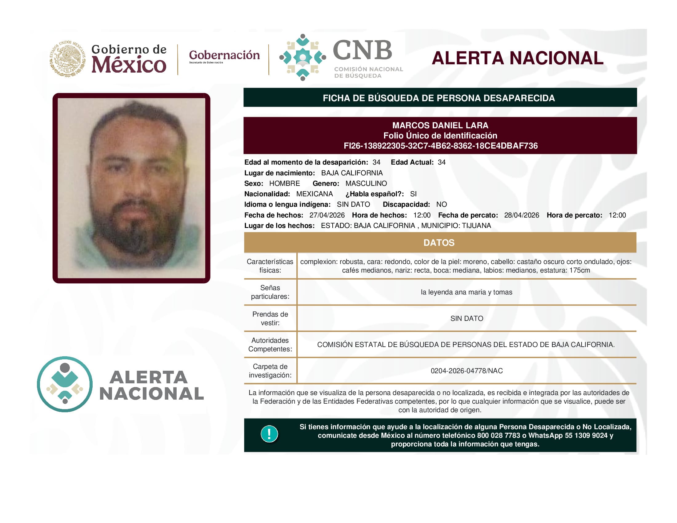 Persona desaparecida Marcos Daniel Lara