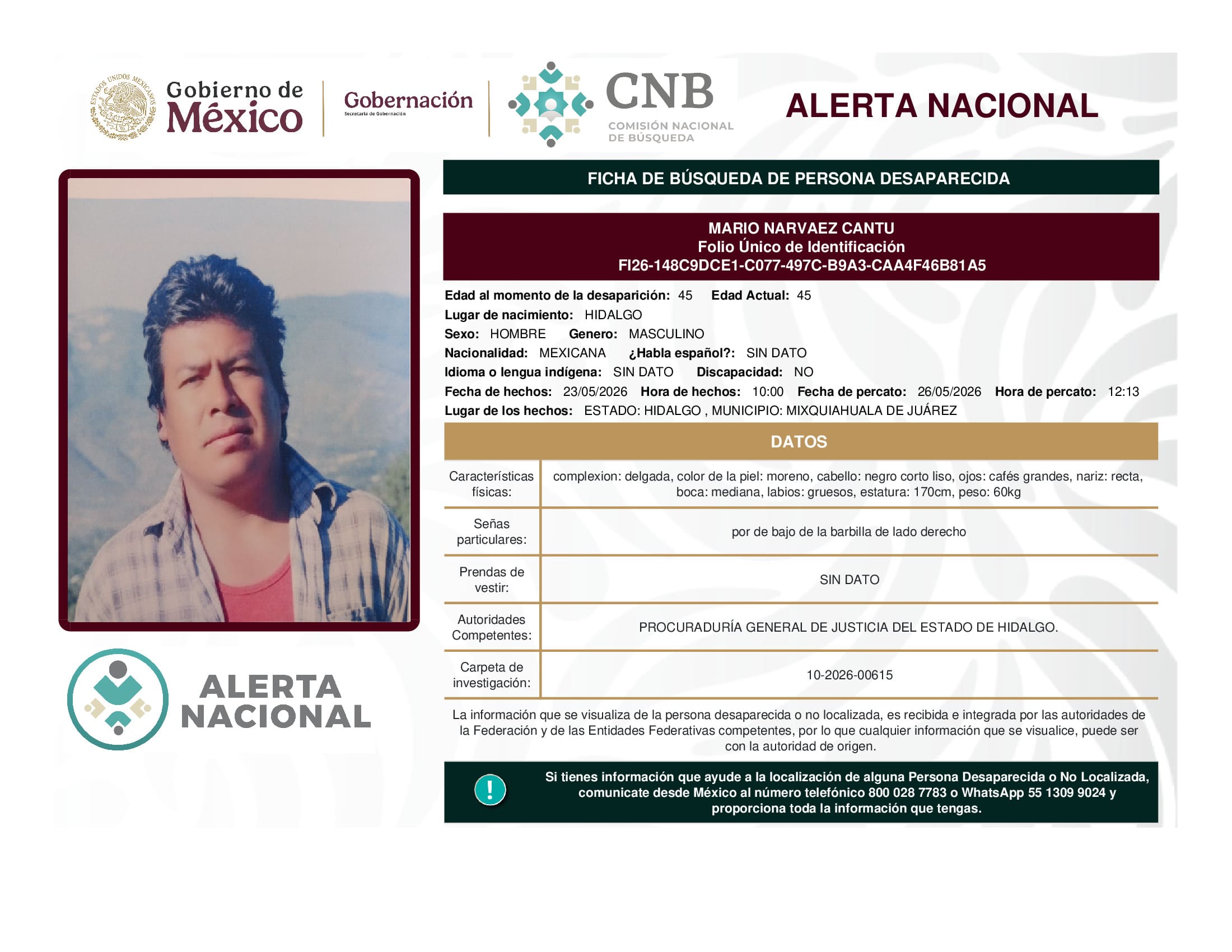 Persona desaparecida Mario Narvaez Cantu
