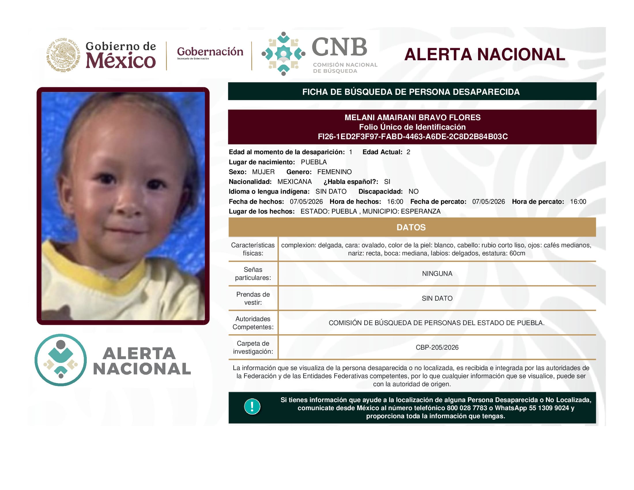 Persona desaparecida Melani Amairani Bravo Flores