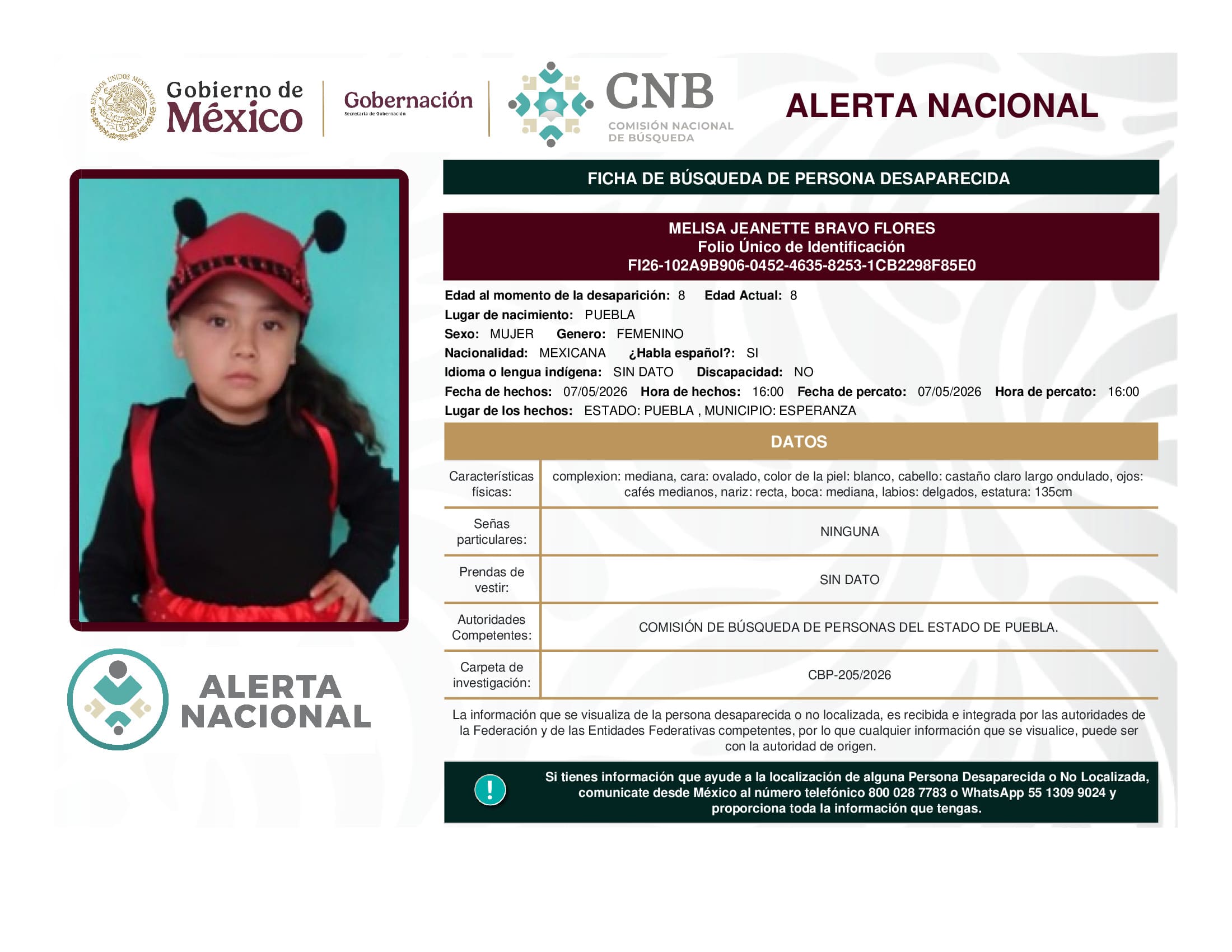 Persona desaparecida Melisa Jeanette Bravo Flores