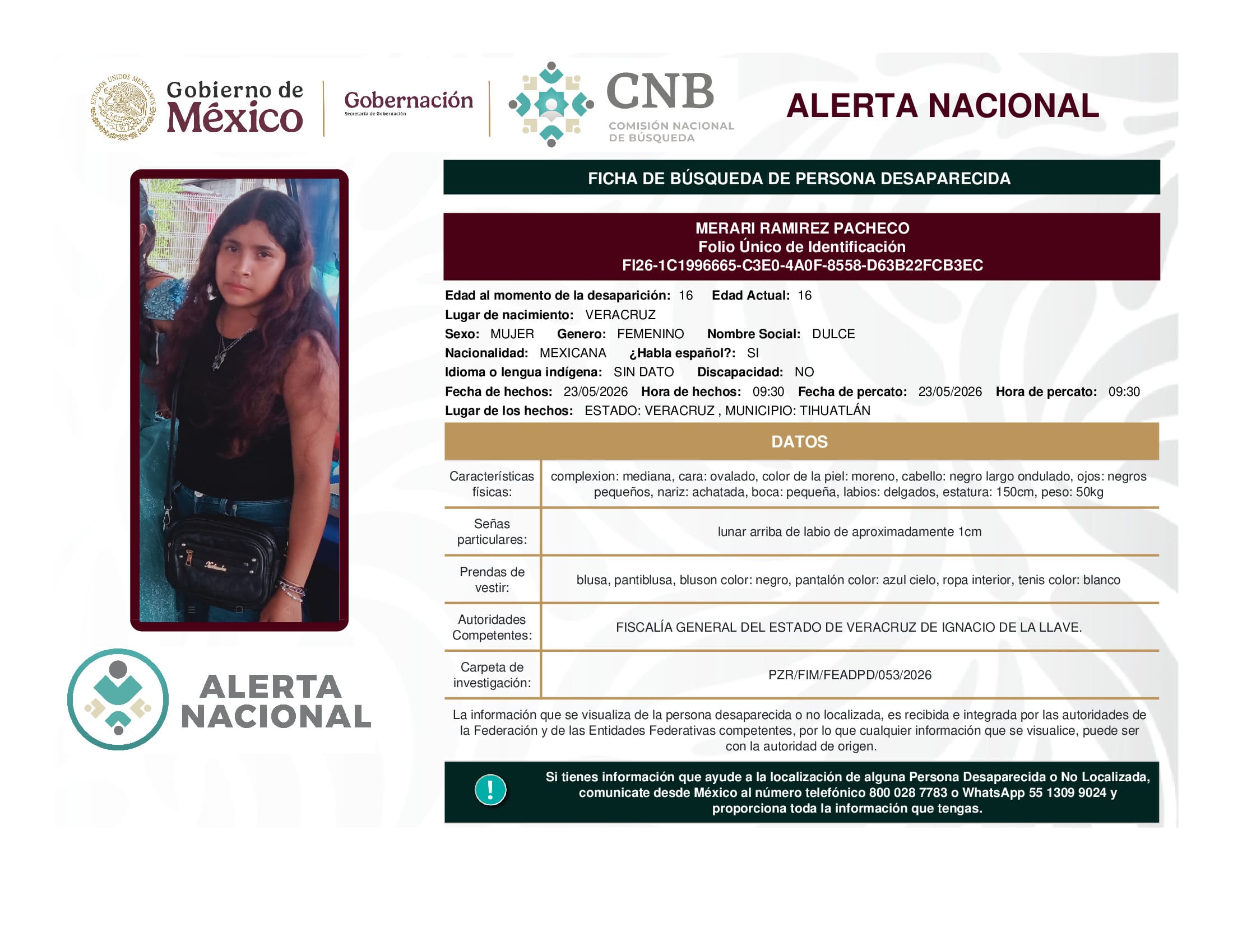Persona desaparecida Merari Ramirez Pacheco