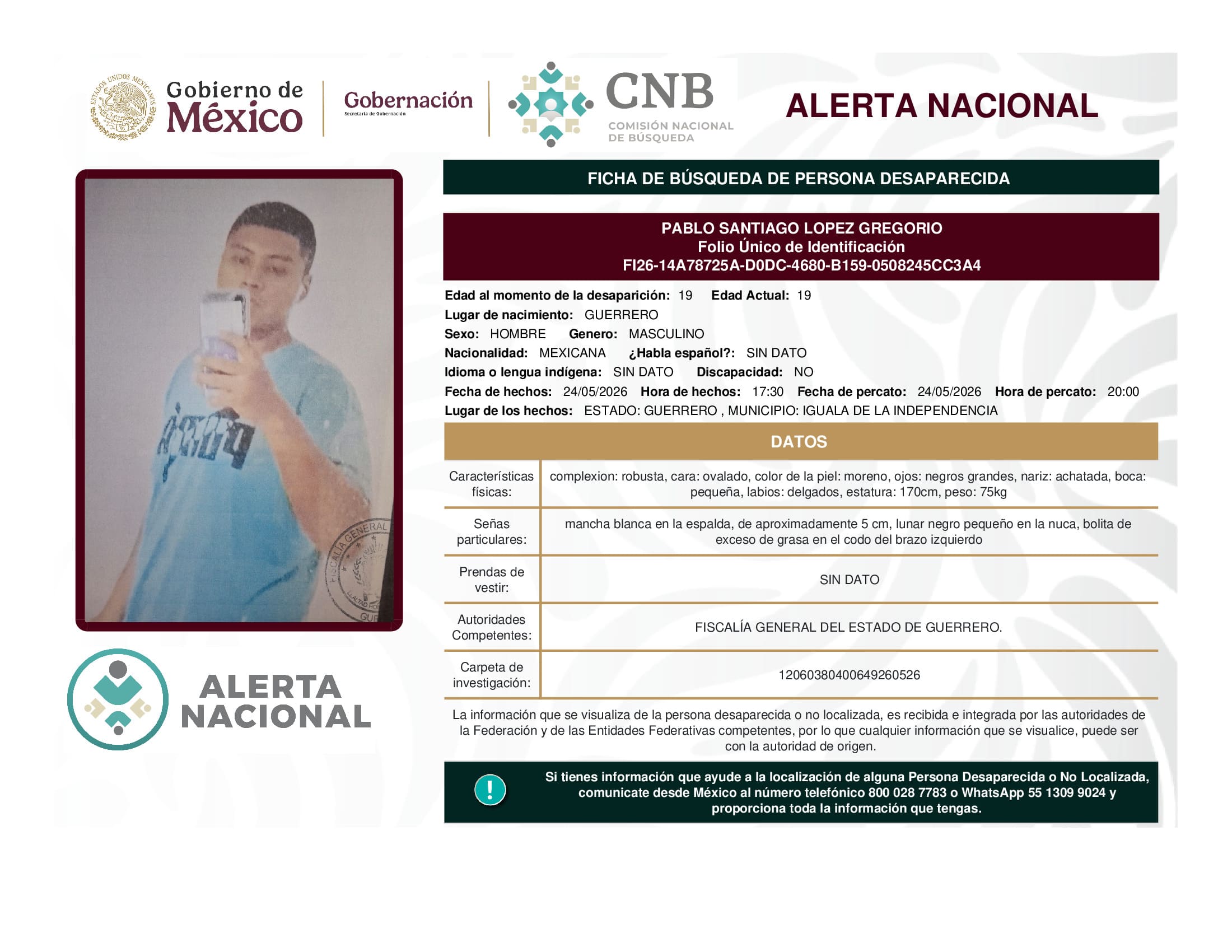 Persona desaparecida Pablo Santiago Lopez Gregorio