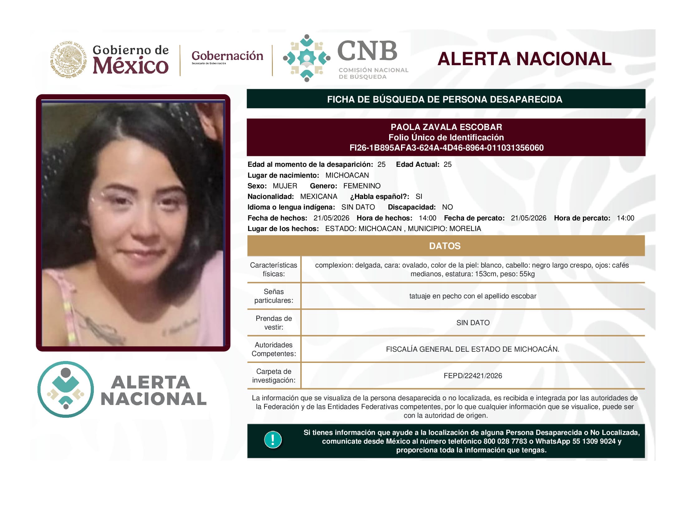 Persona desaparecida Paola Zavala Escobar