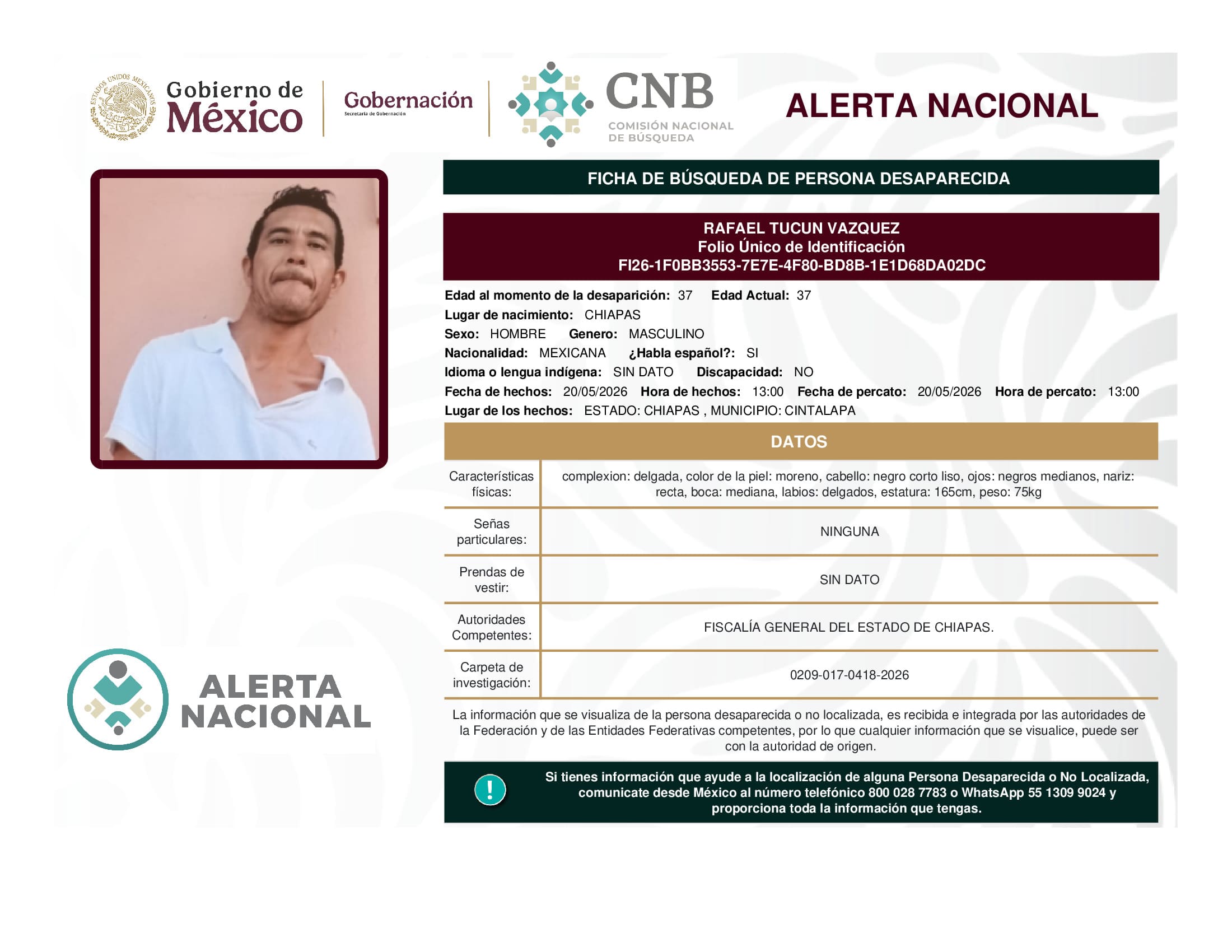 Persona desaparecida Rafael Tucun Vazquez