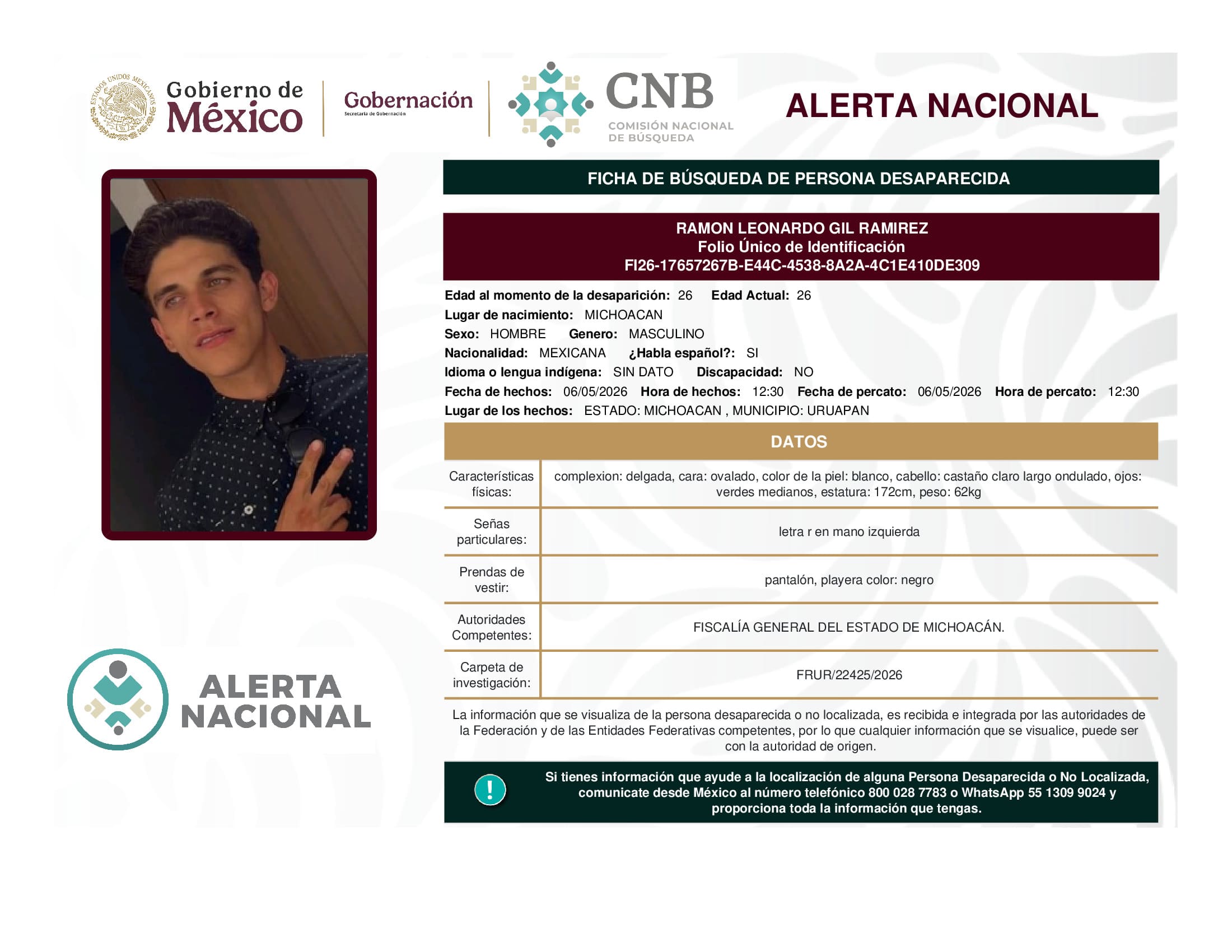 Persona desaparecida Ramon Leonardo Gil Ramirez