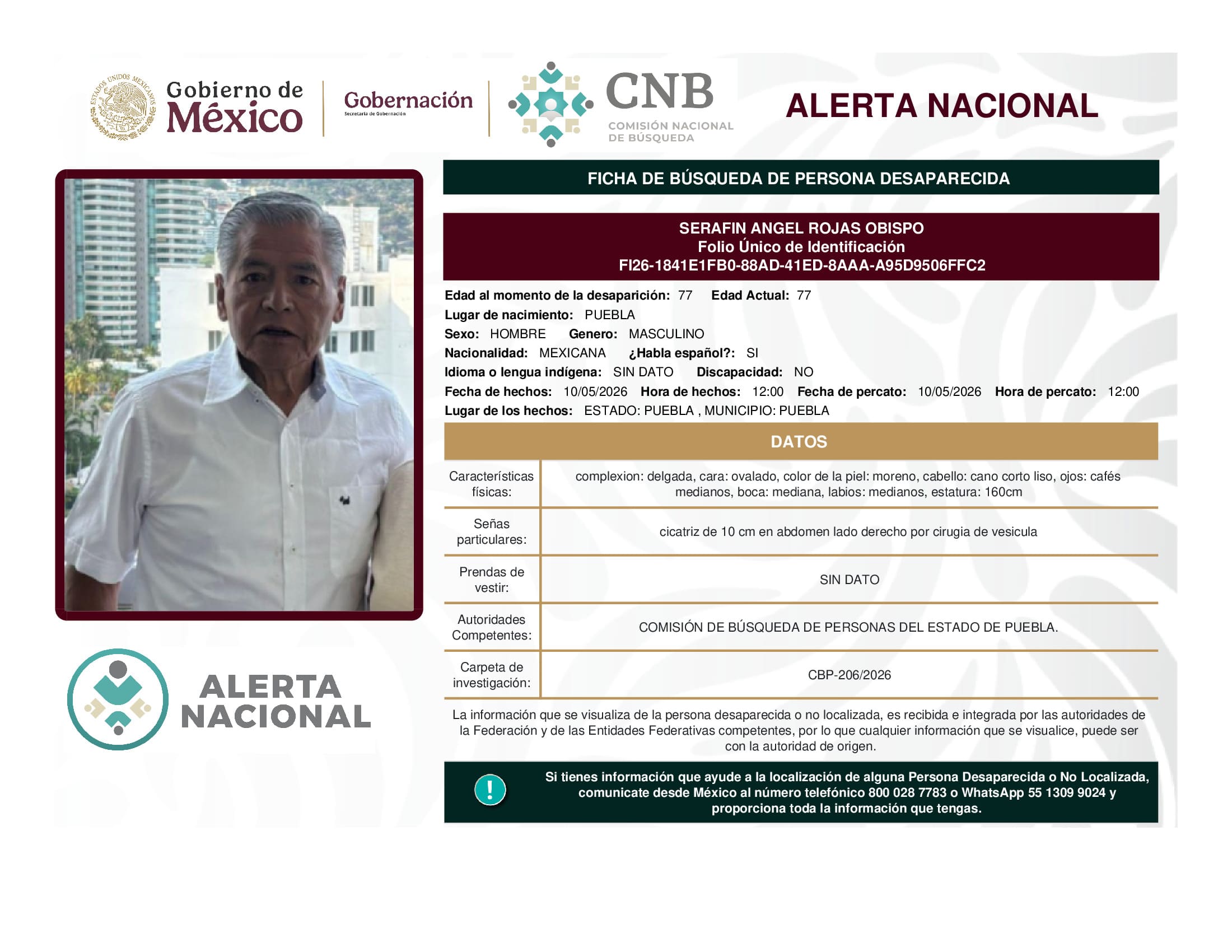 Persona desaparecida Serafin Angel Rojas Obispo