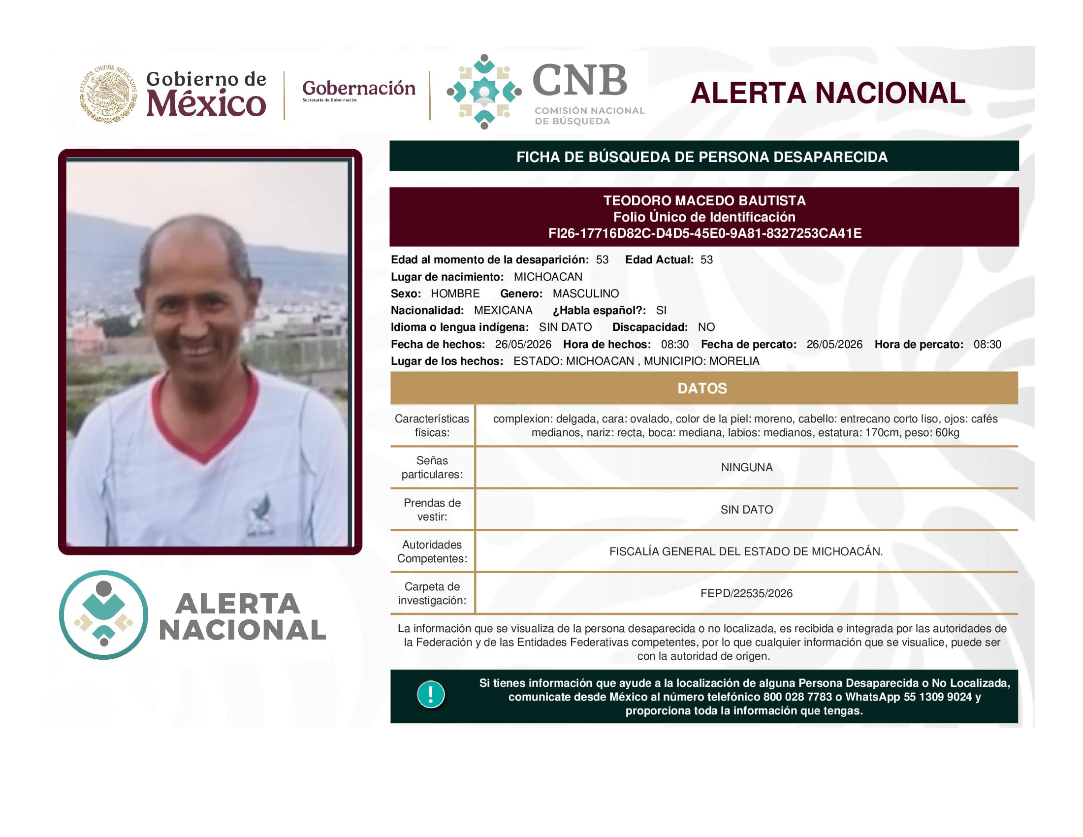 Persona desaparecida Teodoro Macedo Bautista