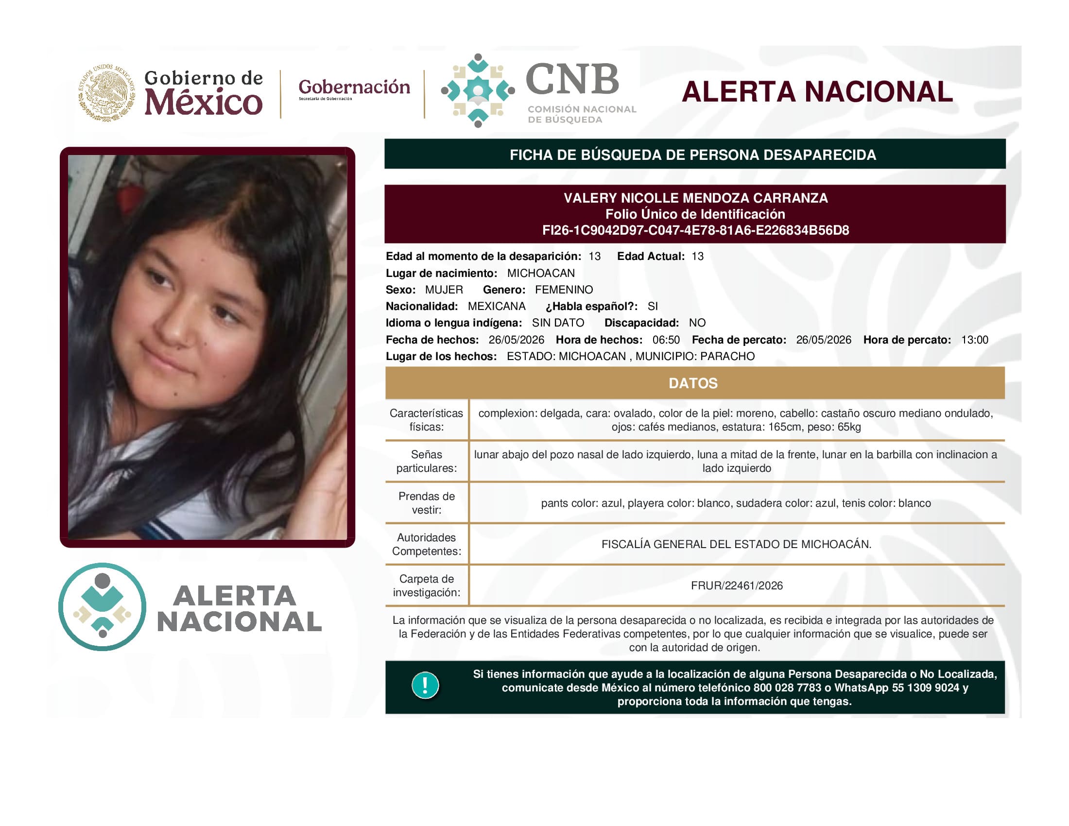 Persona desaparecida Valery Nicolle Mendoza Carranza
