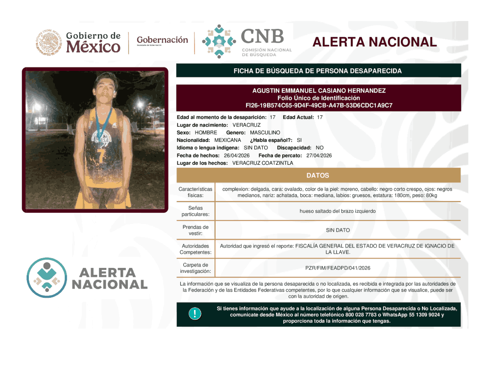 Persona desaparecida Agustín Emmanuel Casiano Hernández