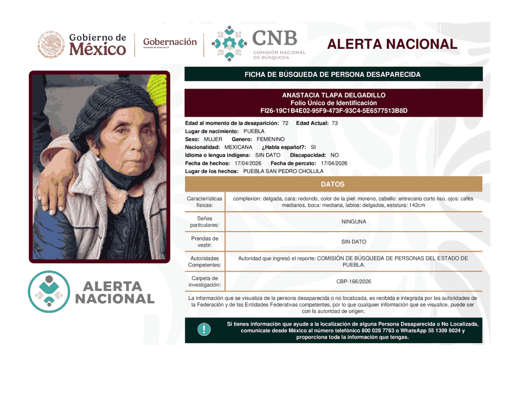 Persona desaparecida Anastacia Tlapa Delgadillo