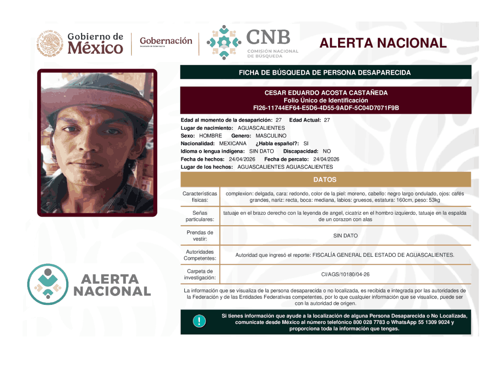 Persona desaparecida César Eduardo Acosta Castañeda