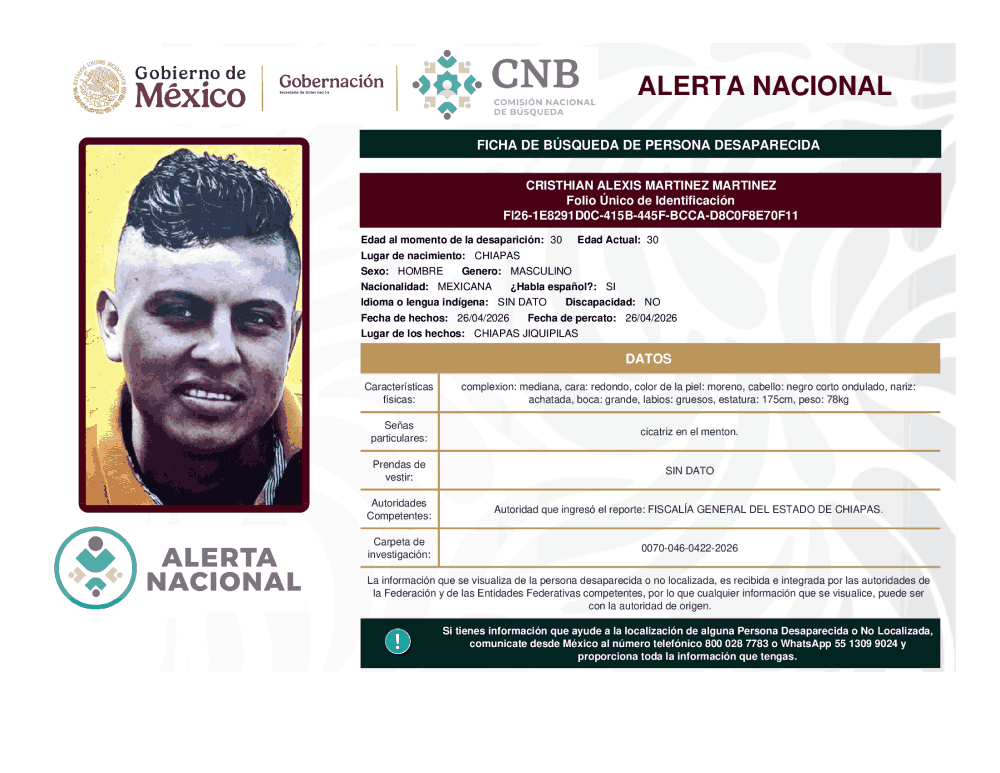 Persona desaparecida Cristhian Alexis Martínez Martínez