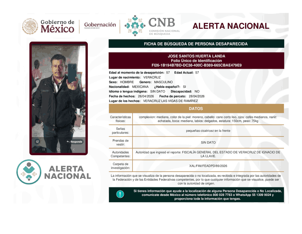 Persona desaparecida José Santos Huerta Landa