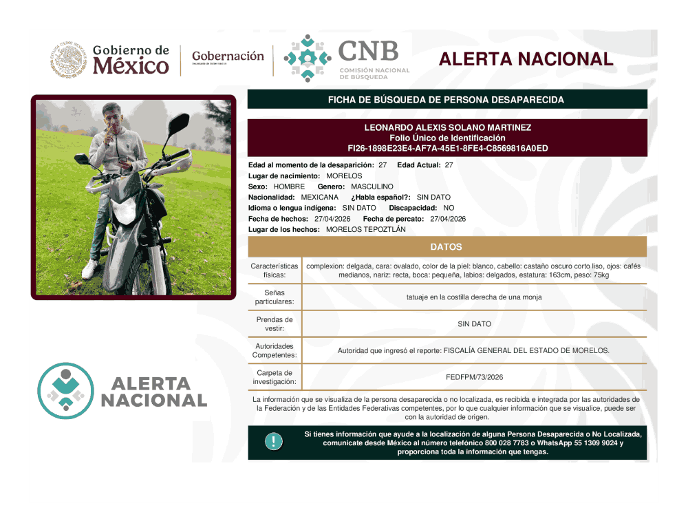 Persona desaparecida Leonardo Alexis Solano Martínez