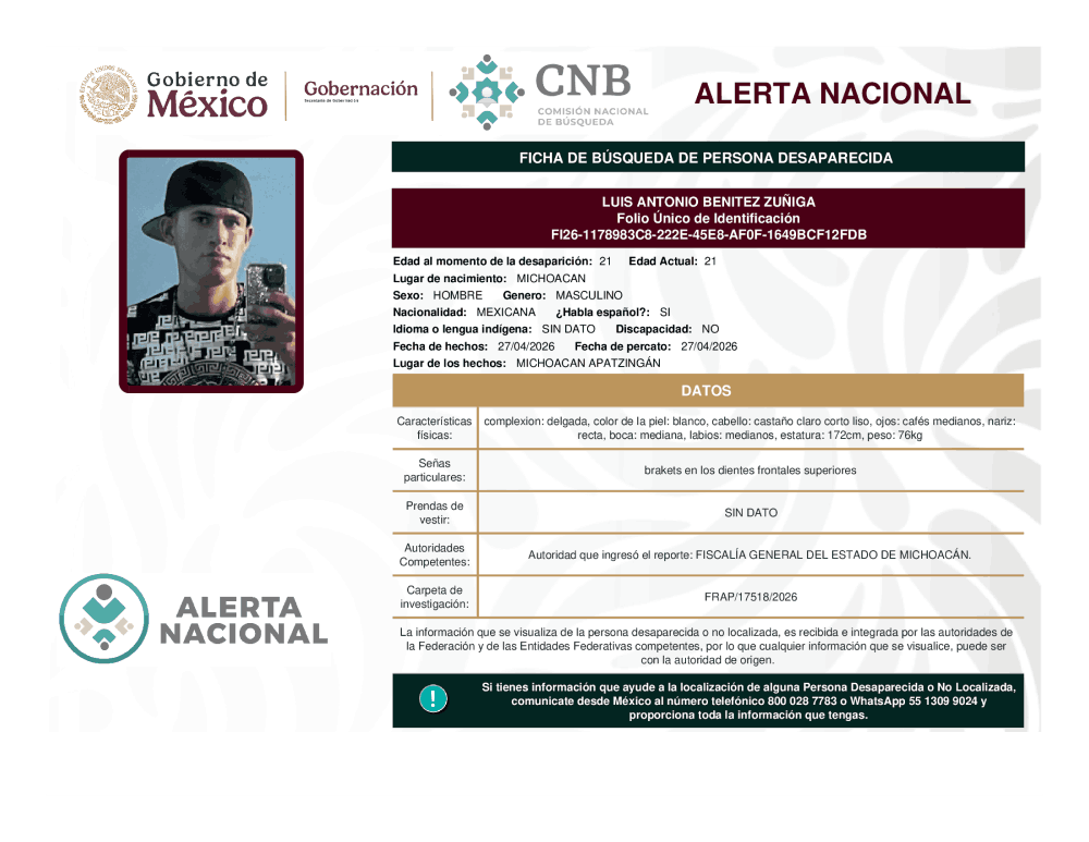 Persona desaparecida Luis Antonio Benitez Zuñiga
