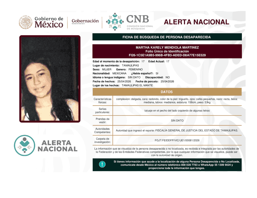 Persona desaparecida Martha Karely Mendiola Martínez