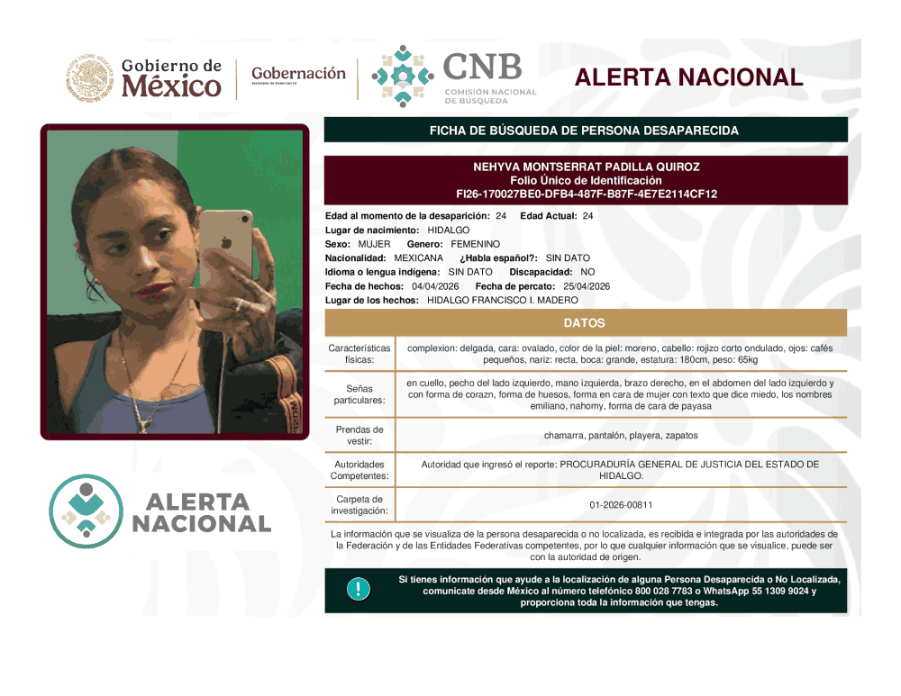 Persona desaparecida Nehyva Montserrat Padilla Quiroz