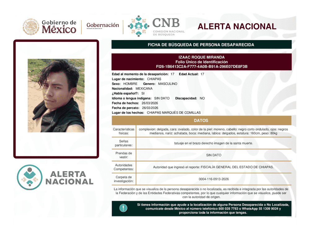 Persona desaparecida Izaac Roque Miranda