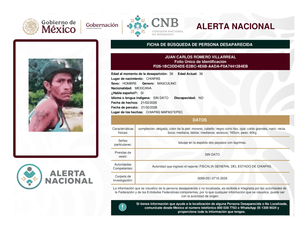 Persona desaparecida Juan Carlos Romero Villarreal
