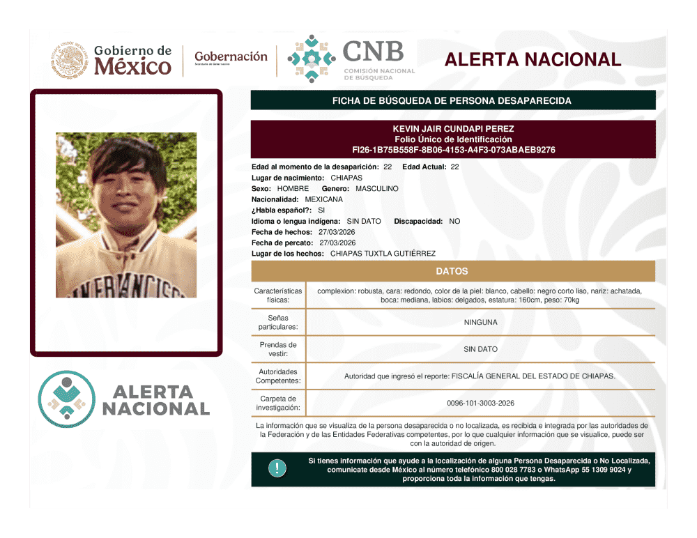 Persona desaparecida Kevin Jair Cundapi Perez