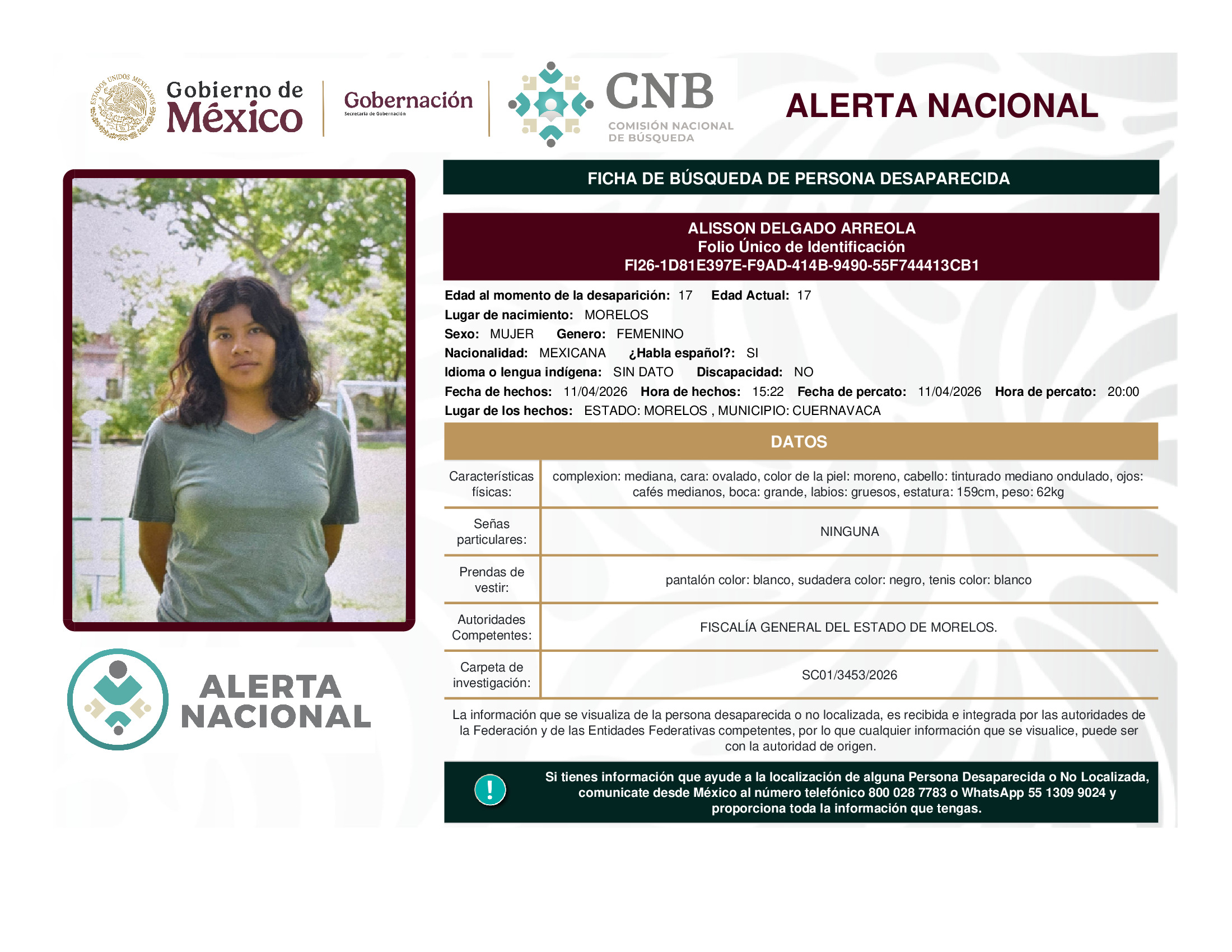Persona desaparecida Alisson Delgado Arreola