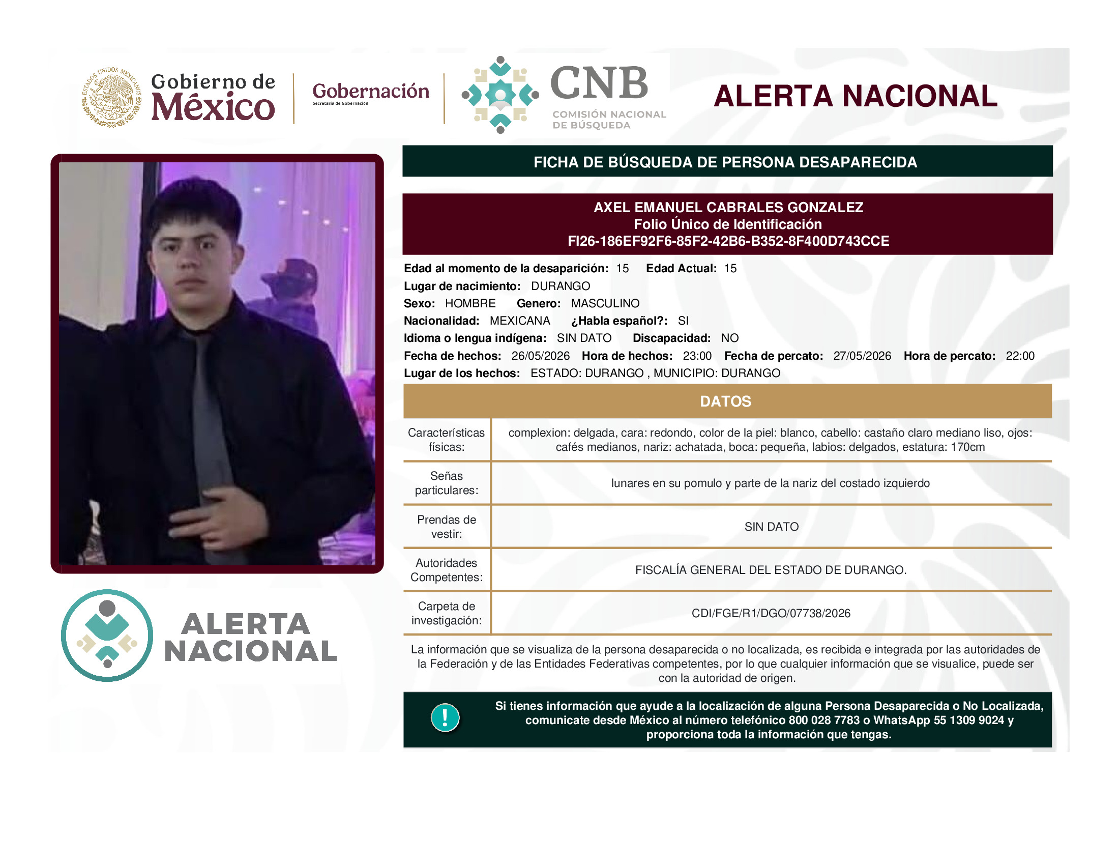 Persona desaparecida Axel Emanuel Cabrales Gonzalez
