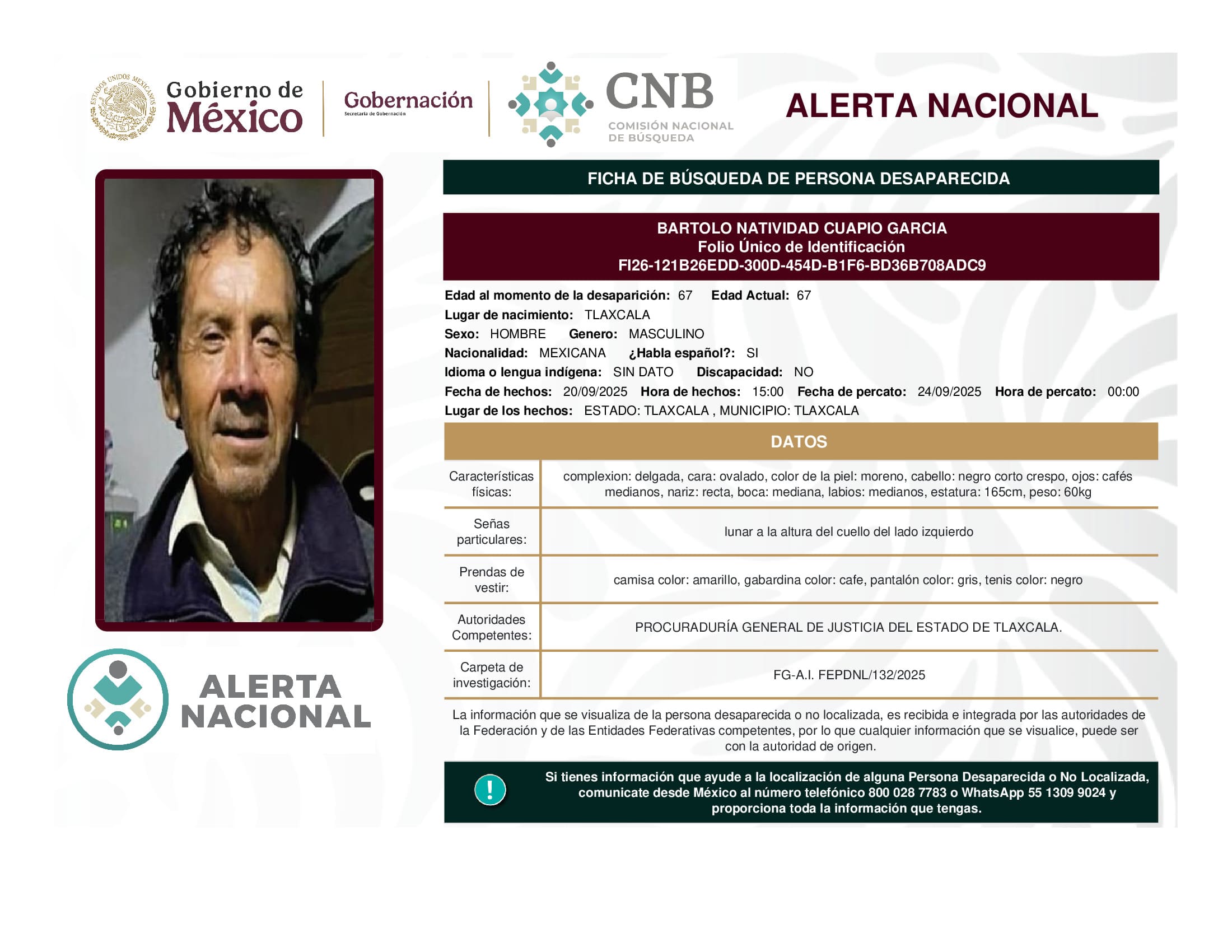 Persona desaparecida Bartolo Natividad Cuapio Garcia