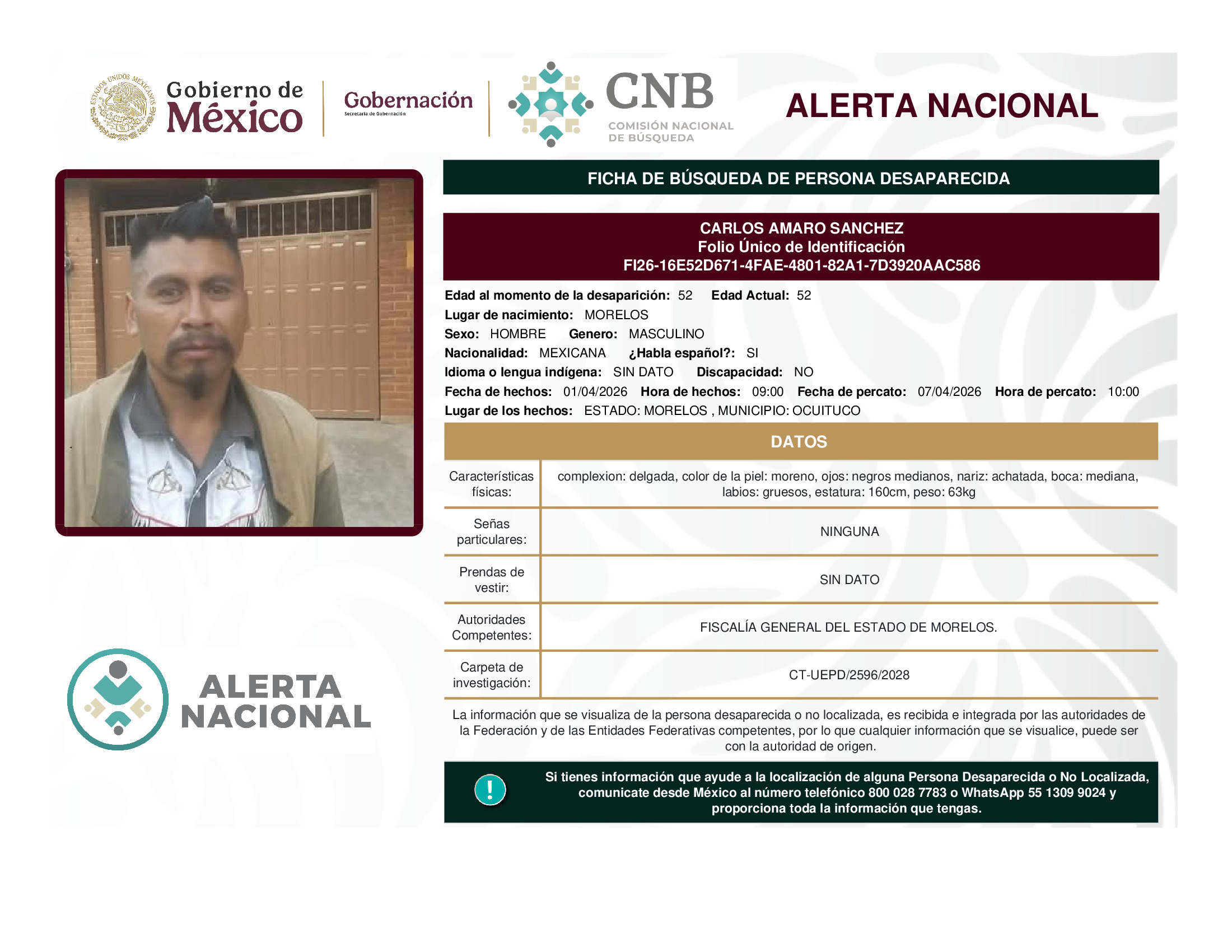 Persona desaparecida Carlos Amaro Sanchez